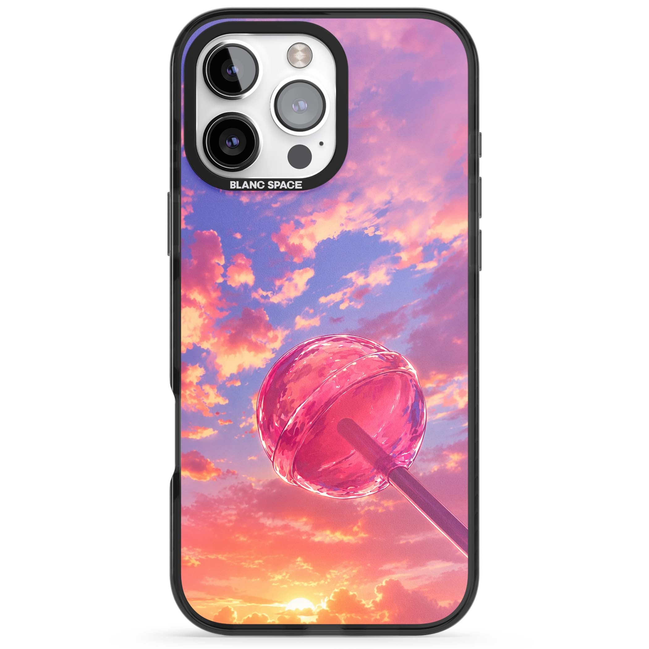 Sugar Sunset candy aesthetic iPhone case featuring a pink lollipop, pastel sunset sky and dreamy clouds | Black Impact Magsafe case for iPhone 16 Pro, iPhone 16 Pro Max
