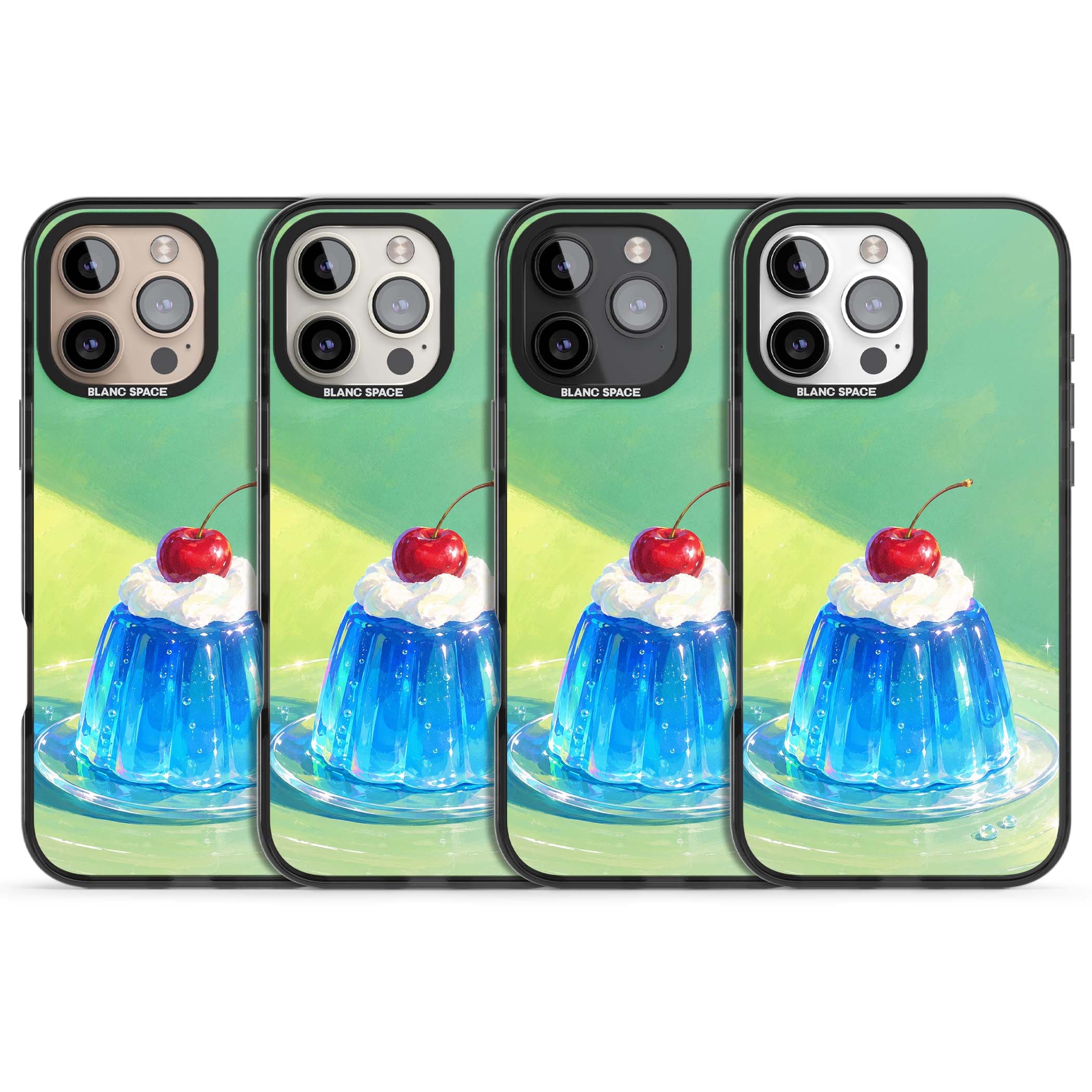 Cherry Jelly kawaii dessert iPhone case featuring blue jelly pudding, whipped cream and a red cherry | Black Impact Magsafe case for iPhone 16 Pro, iPhone 16 Pro Max