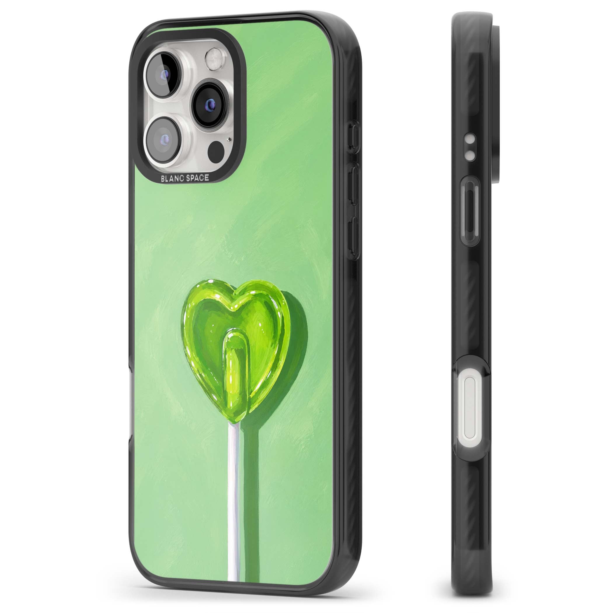 Green Lollipop candy art iPhone case featuring a glossy green heart-shaped lollipop on a painted pastel green background | Black Impact Magsafe case for iPhone 16 Pro, iPhone 16 Pro Max