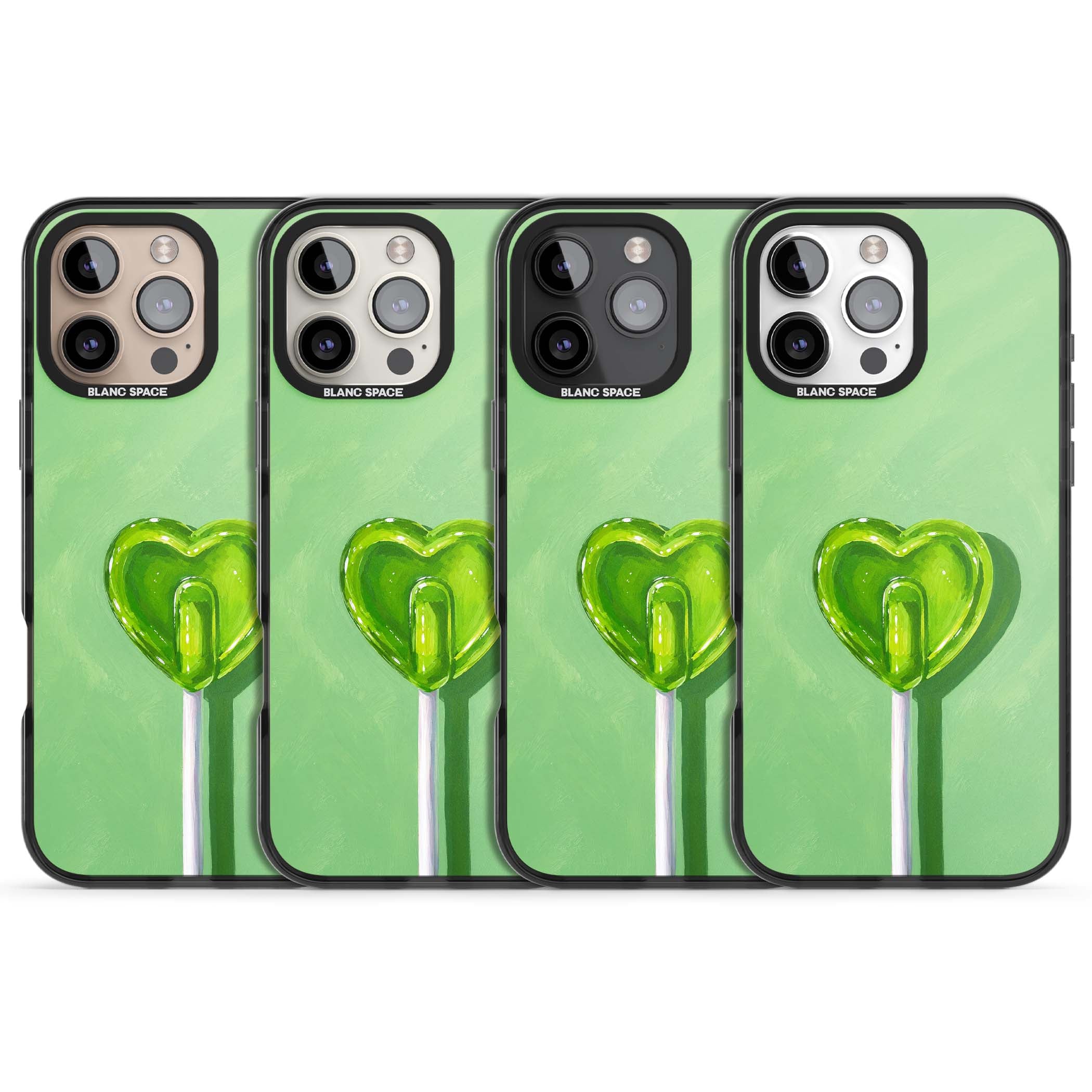 Green Lollipop candy art iPhone case featuring a glossy green heart-shaped lollipop on a painted pastel green background | Black Impact Magsafe case for iPhone 16 Pro, iPhone 16 Pro Max