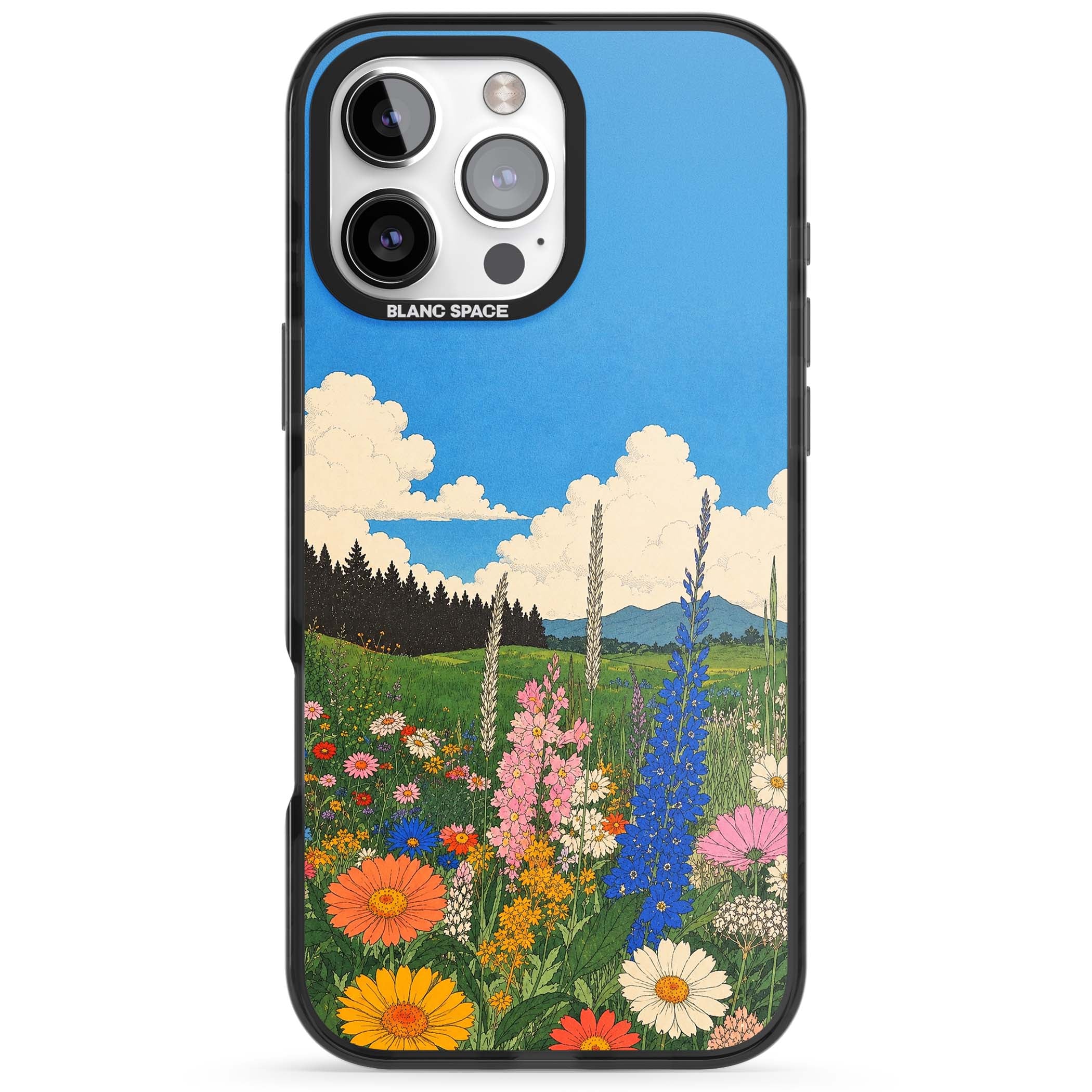Wildbloom wildflower iPhone case featuring a vintage Japanese-style meadow landscape with daisies, delphiniums and moun | Black Impact Magsafe case for iPhone 16 Pro, iPhone 16 Pro Max