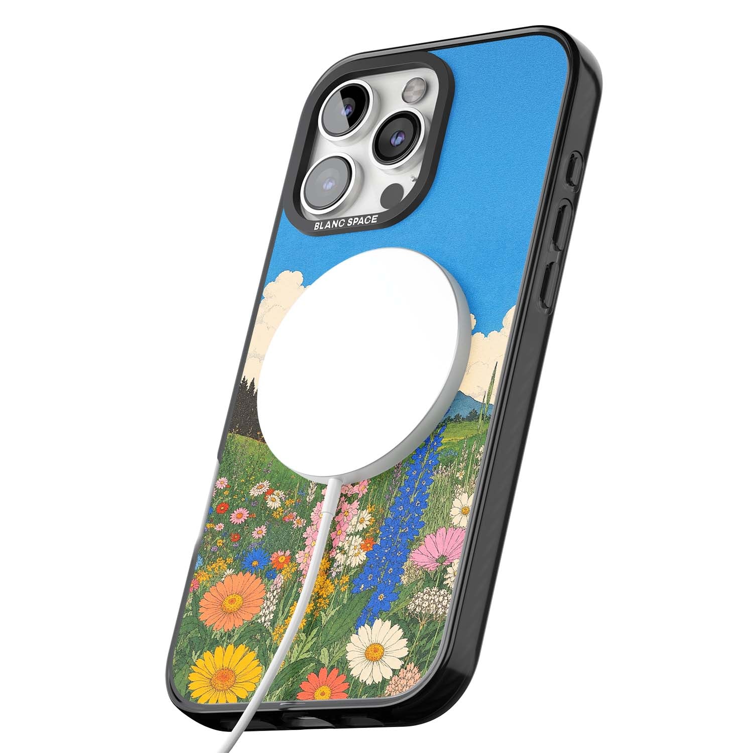 Wildbloom wildflower iPhone case featuring a vintage Japanese-style meadow landscape with daisies, delphiniums and moun | Black Impact Magsafe case for iPhone 16 Pro, iPhone 16 Pro Max