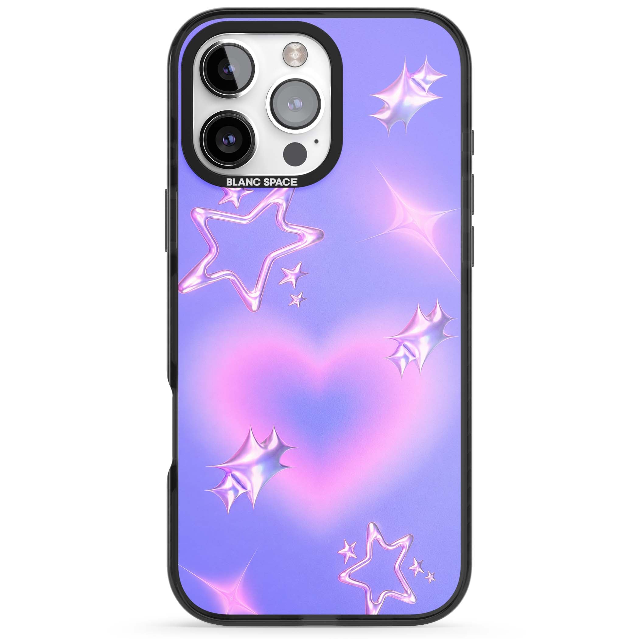 Soft Sugar Y2K iPhone case featuring iridescent chrome hearts, metallic pink stars and a lavender gradient sky | Black Impact Magsafe case for iPhone 16 Pro, iPhone 16 Pro Max