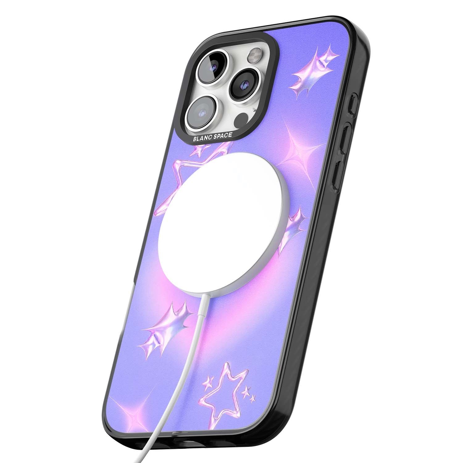 Soft Sugar Y2K iPhone case featuring iridescent chrome hearts, metallic pink stars and a lavender gradient sky | Black Impact Magsafe case for iPhone 16 Pro, iPhone 16 Pro Max