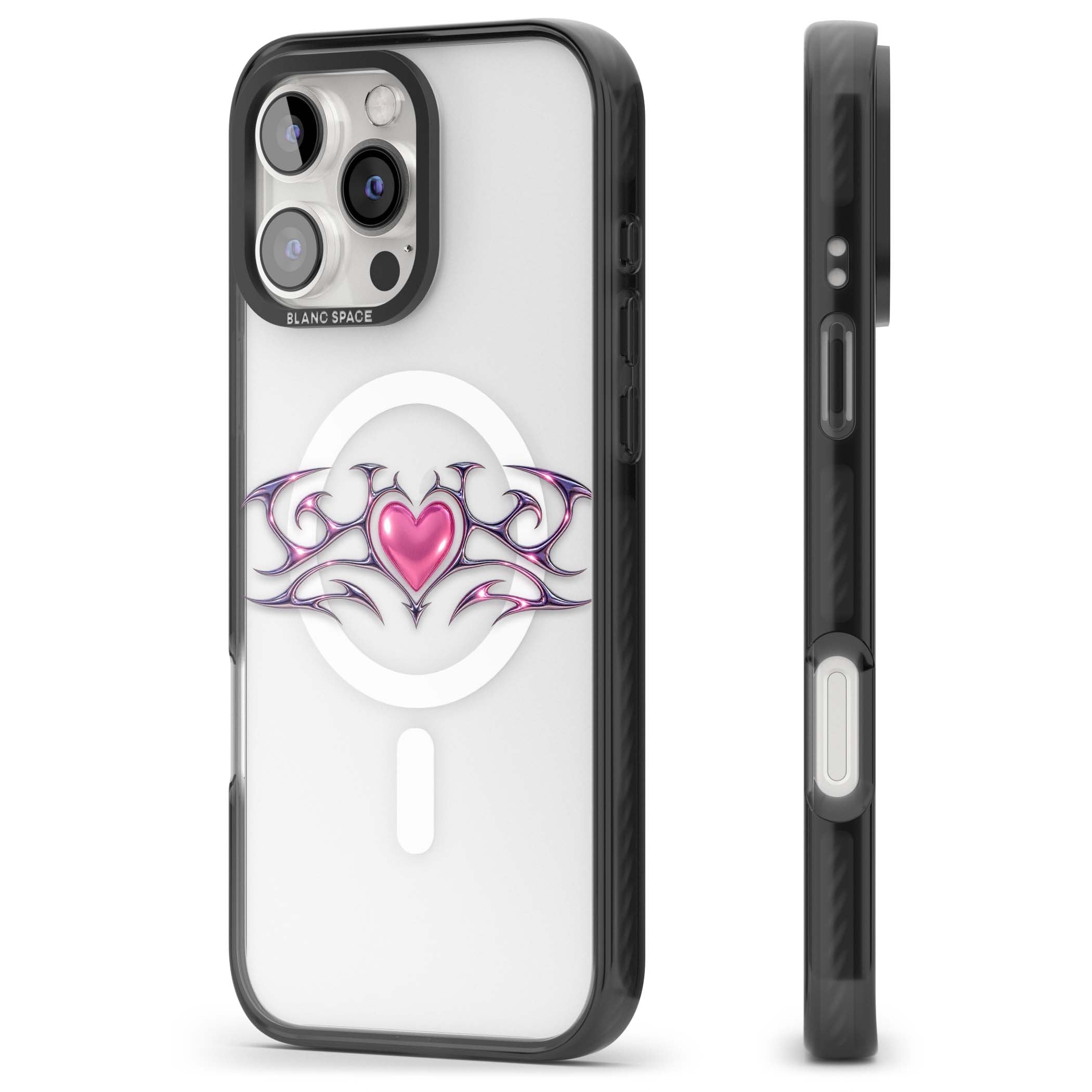 Pink Chrome Heart y2k iPhone case | Black Impact Magsafe case for iPhone 16 Pro, iPhone 16 Pro Max