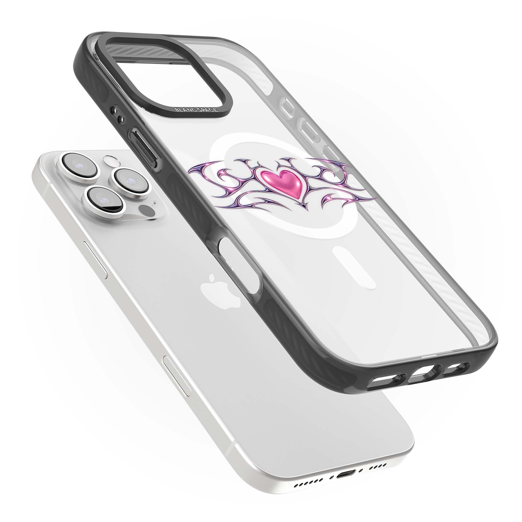 Pink Chrome Heart y2k iPhone case | Black Impact Magsafe case for iPhone 16 Pro, iPhone 16 Pro Max