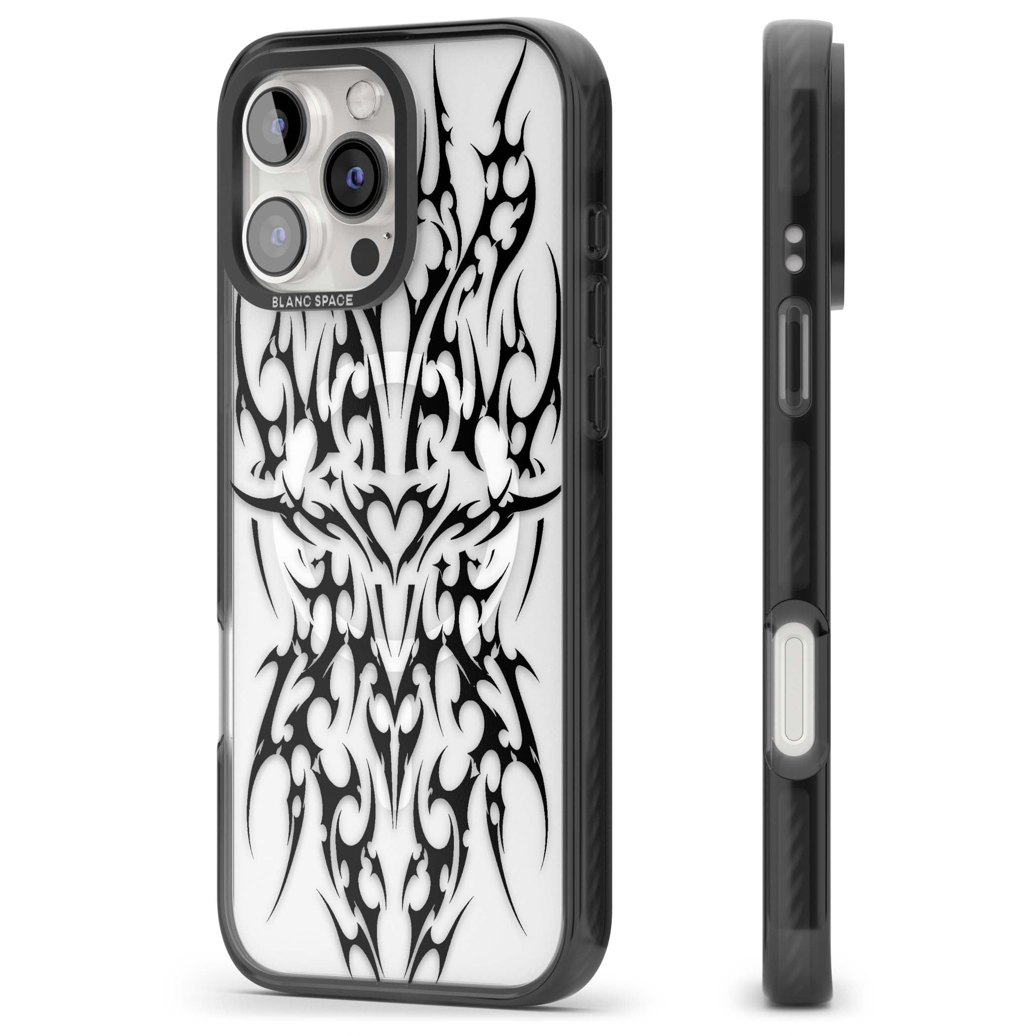 Neo Tribal Heart gothic iPhone case featuring symmetrical black tribal tattoo art with sharp thorn-like linework | Black Impact Magsafe case for iPhone 16 Pro, iPhone 16 Pro Max