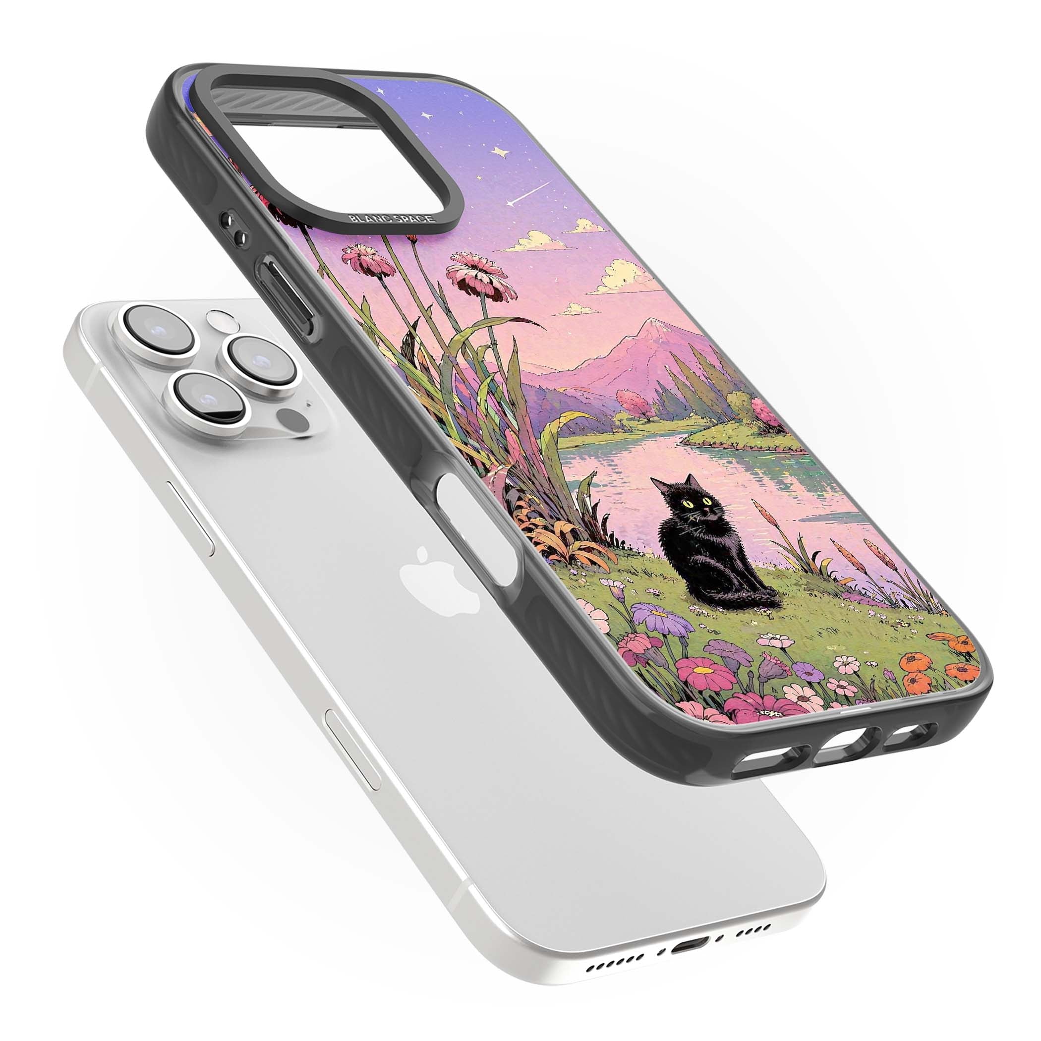 Mystic Whiskers ghibli iPhone case featuring a black cat by a pastel lake, wildflowers and a starry sunset sky | Black Impact case for iPhone 16 Pro, iPhone 16 Pro Max