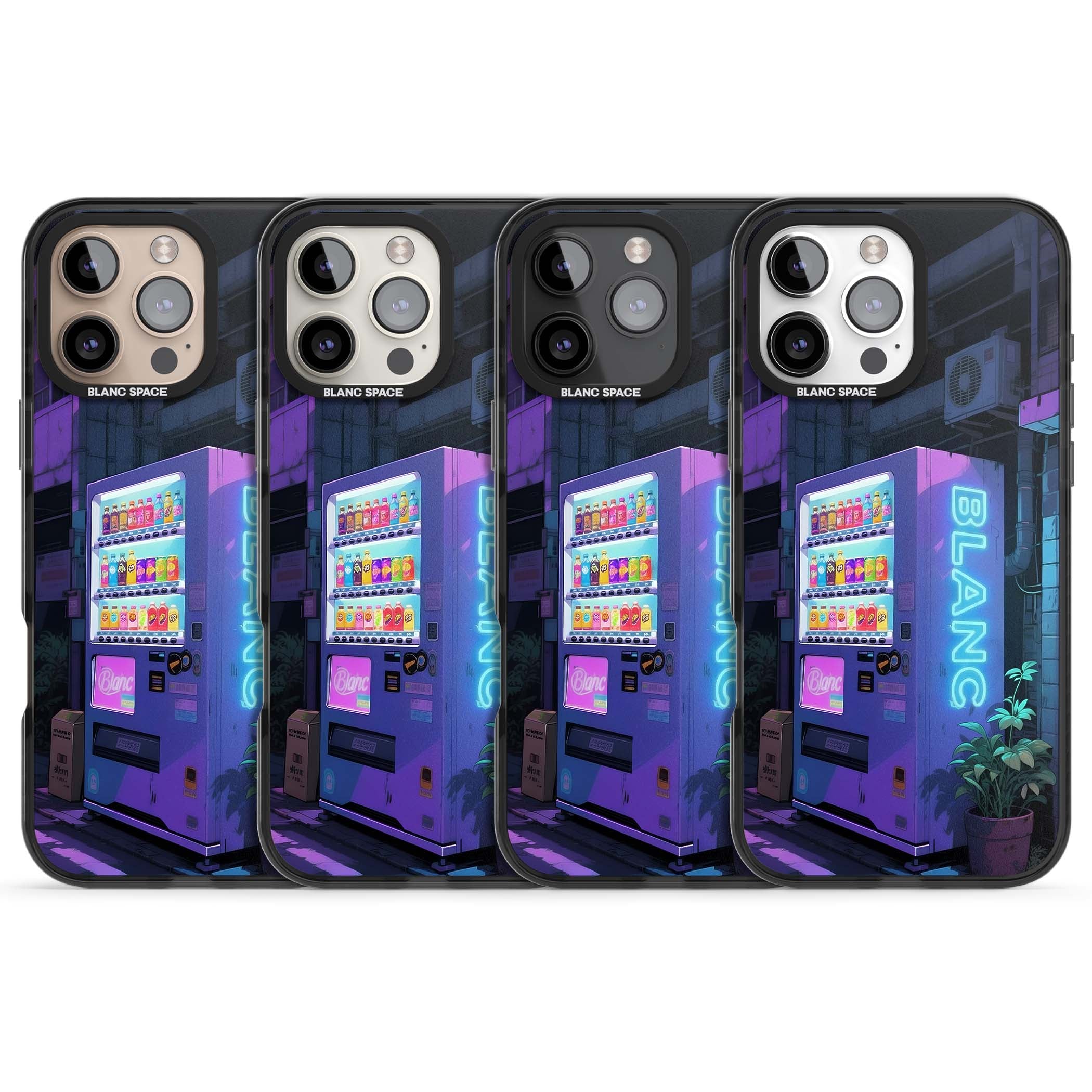 Shibuya Glow Japanese iPhone case featuring a glowing Tokyo vending machine, neon signage, and moody purple alleyway | Black Impact case for iPhone 16 Pro, iPhone 16 Pro Max