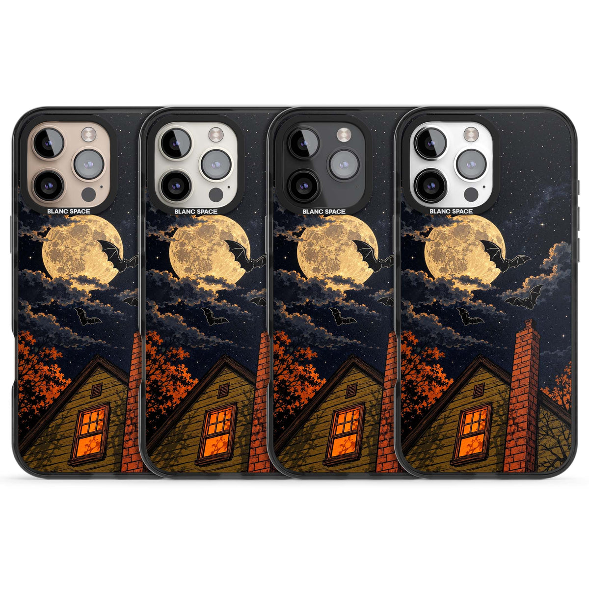 Hollows Eve Halloween iPhone case featuring a haunted house, full moon and flying bats against a starry autumn sky | Black Impact case for iPhone 16 Pro, iPhone 16 Pro Max