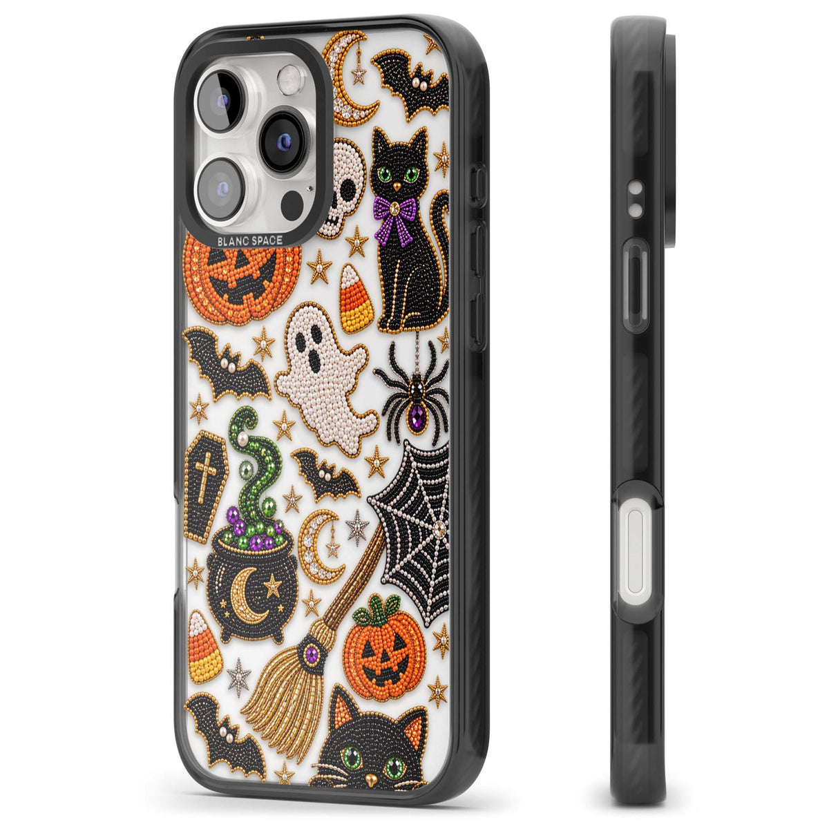 Beaded Halloween Halloween iPhone case featuring beaded pumpkins, ghosts, black cats and bats | Black Impact case for iPhone 16 Pro, iPhone 16 Pro Max