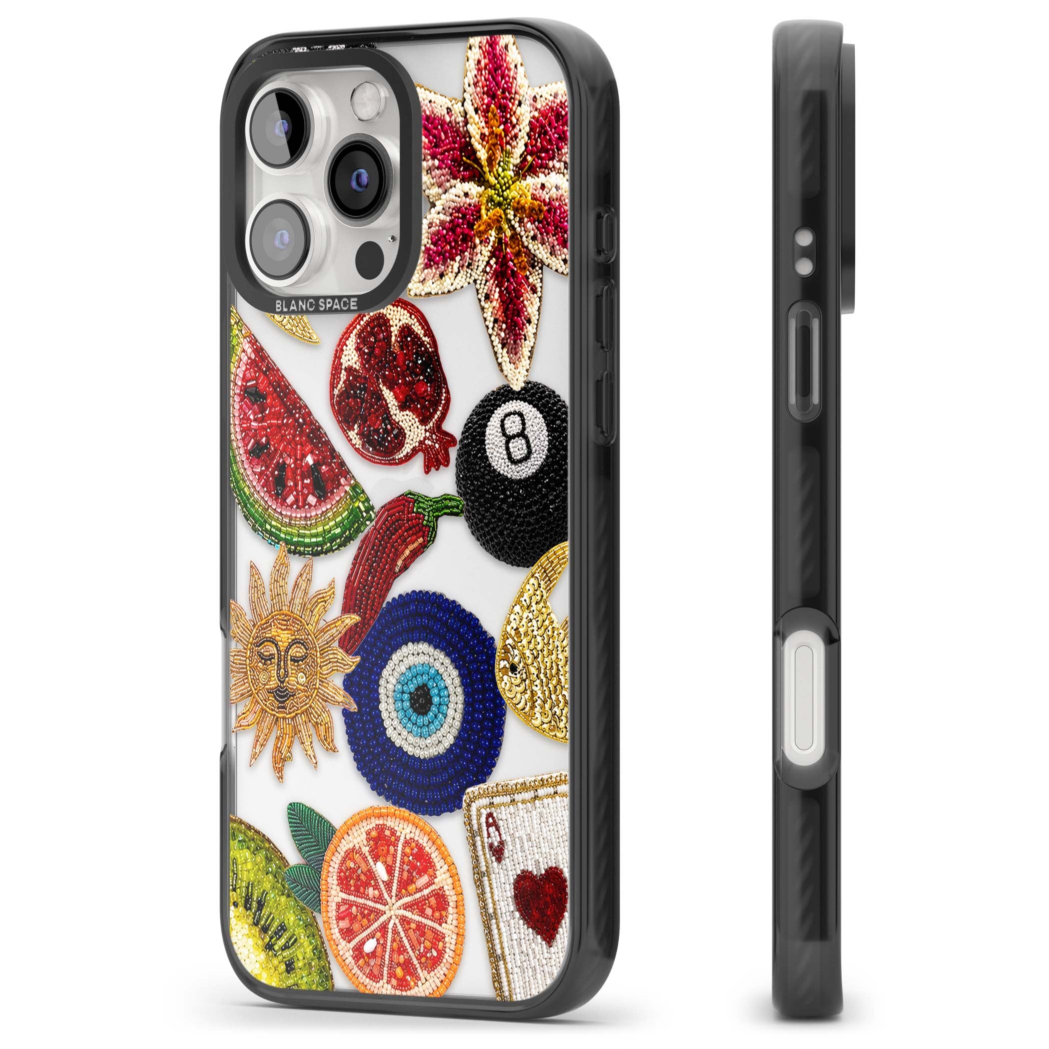 Beaded Charms embroidery iPhone case featuring beaded evil eye, fruit patches and a golden sun motif | Black Impact case for iPhone 16 Pro, iPhone 16 Pro Max