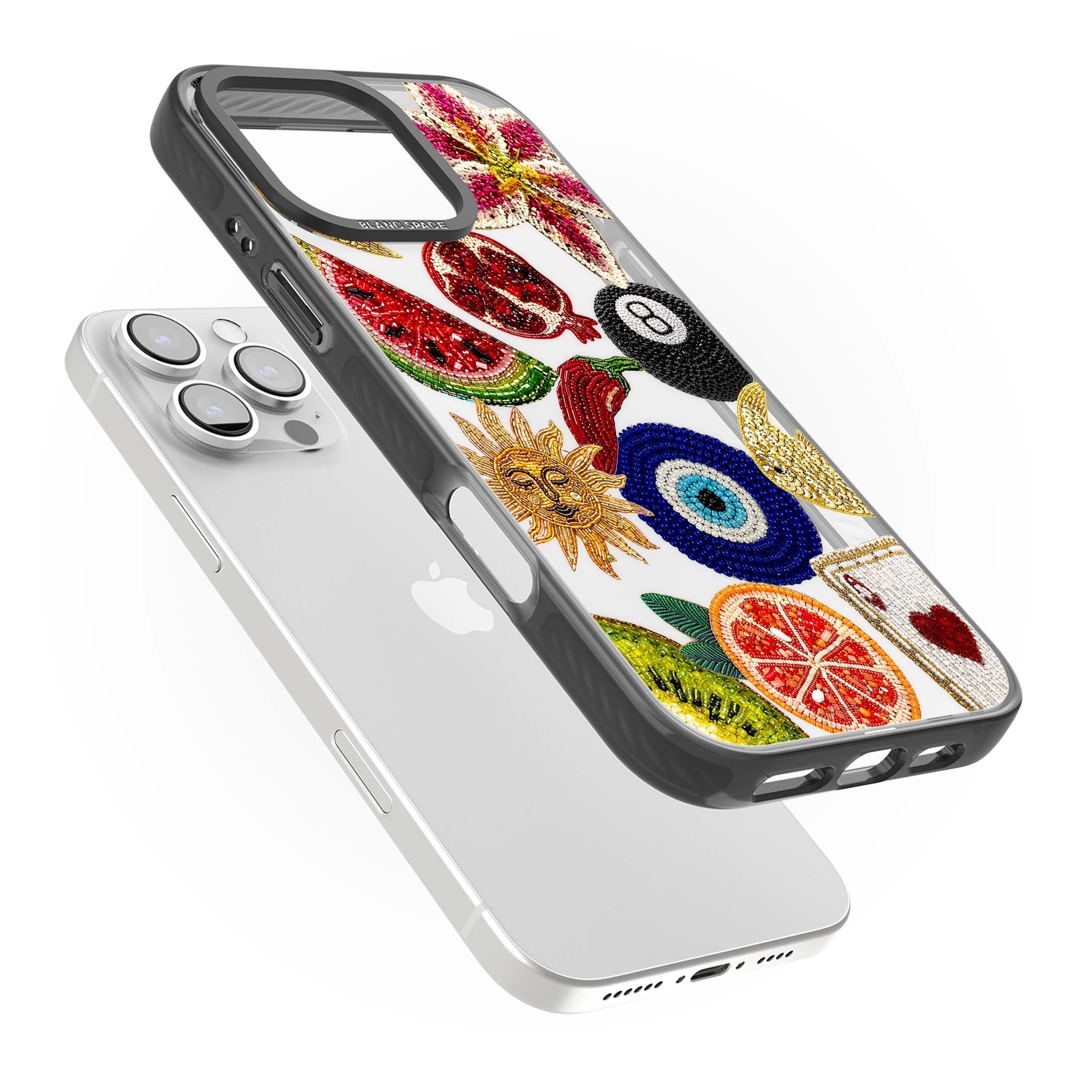 Beaded Charms embroidery iPhone case featuring beaded evil eye, fruit patches and a golden sun motif | Black Impact case for iPhone 16 Pro, iPhone 16 Pro Max