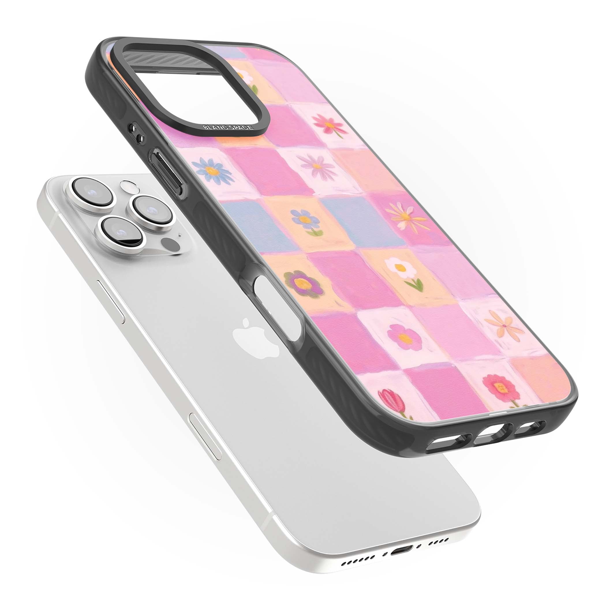 Pastel Flower Patchwork cottagecore iPhone case featuring painted pink and lilac squares with daisies and wildflowers | Black Impact case for iPhone 16 Pro, iPhone 16 Pro Max