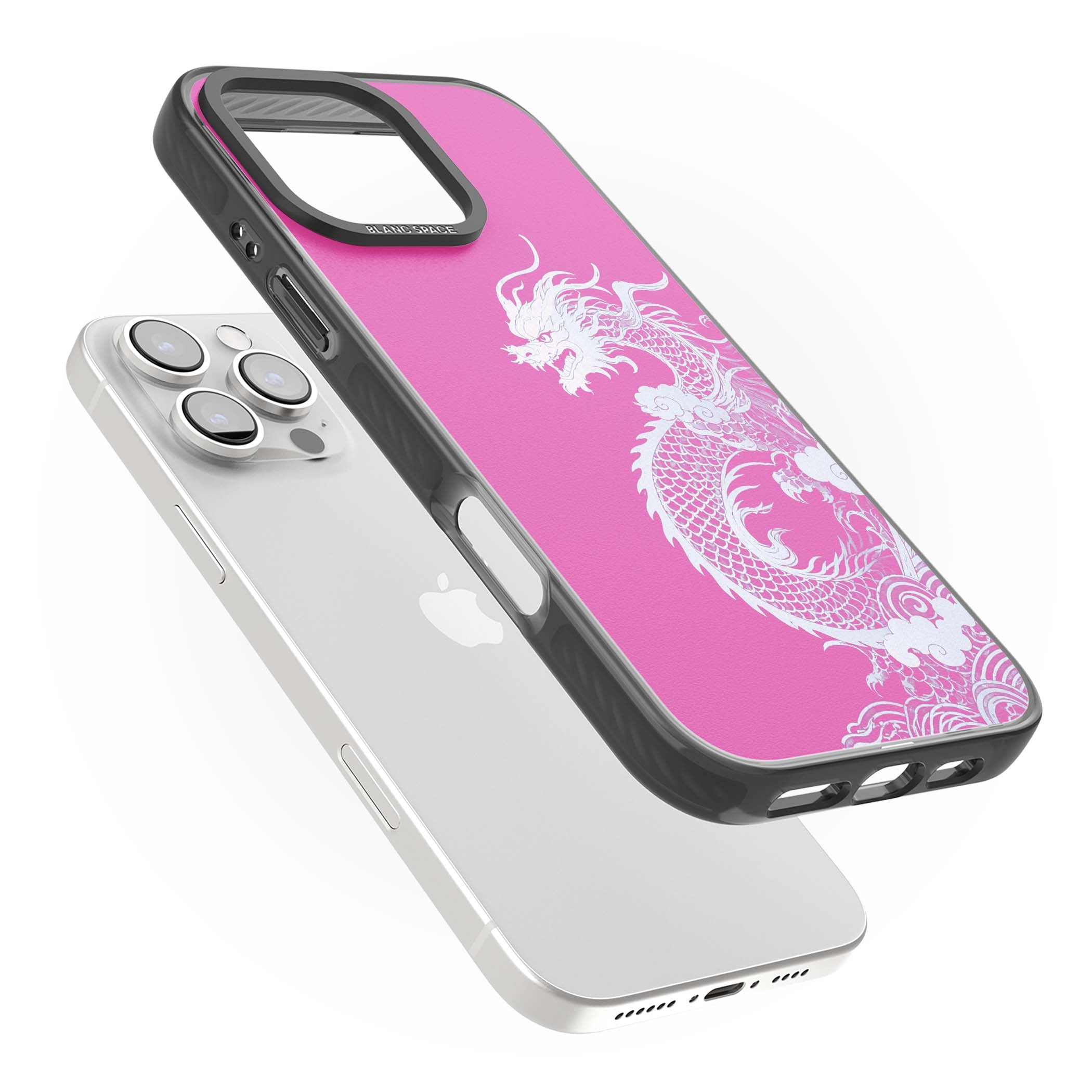 Pink Empress chinese dragon iPhone case featuring a white dragon, swirling clouds and pink dragon wallpaper backdrop | Black Impact case for iPhone 16 Pro, iPhone 16 Pro Max