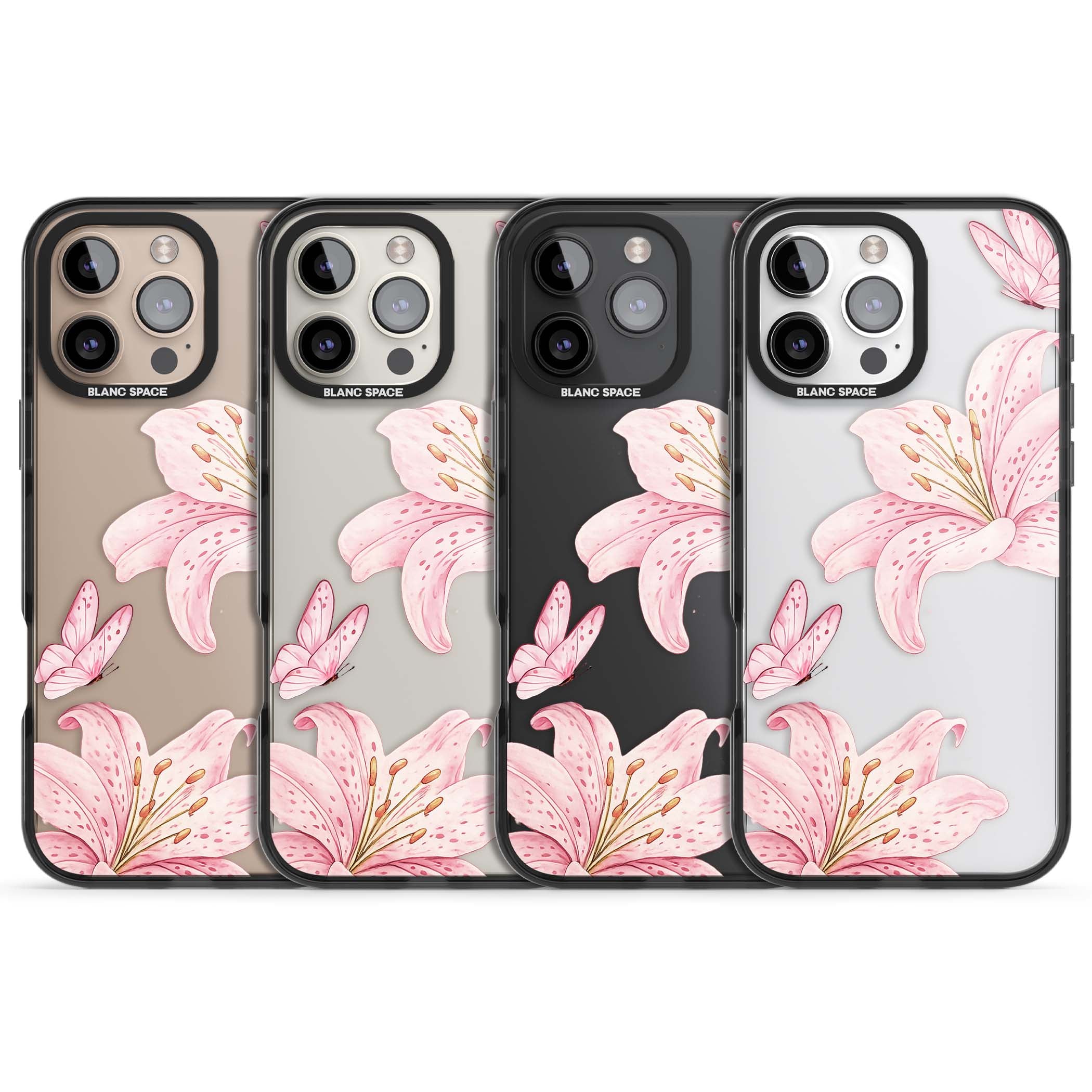 Lily Whisper floral iPhone case featuring pink watercolour lilies and delicate butterflies on a clear background | Black Impact case for iPhone 16 Pro, iPhone 16 Pro Max