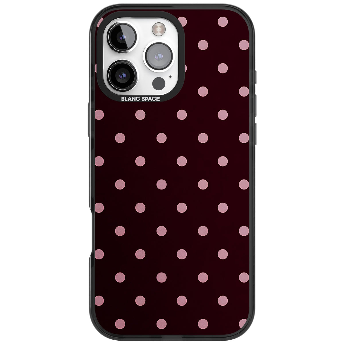Merlot Dots polka dot iPhone case featuring dusty pink spots on a deep burgundy background in a retro grid iPhone 16 Pro Max Impact Black Phone Case front