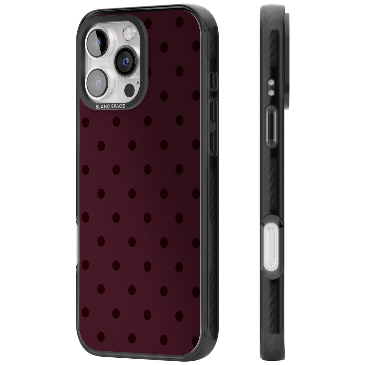 Burgundy Polka Dot minimalist iPhone case featuring black polka dots on a deep burgundy wine red background iPhone 16 Pro / iPhone 16 Pro Max Impact Black Phone Case side