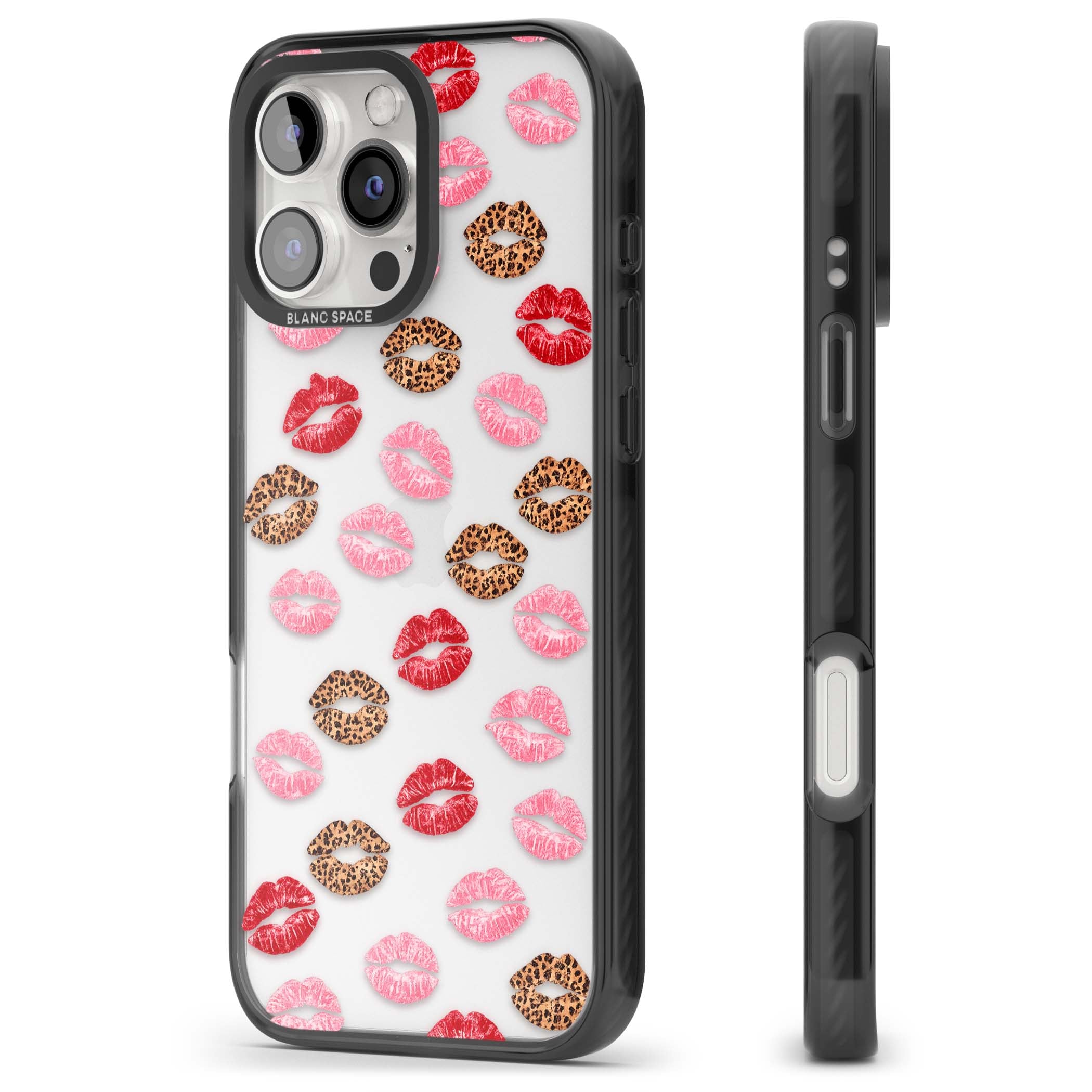 Wild Kisses coquette iPhone case featuring red, pink and leopard print lipstick kiss marks on a clear background | Black Impact case for iPhone 16 Pro, iPhone 16 Pro Max
