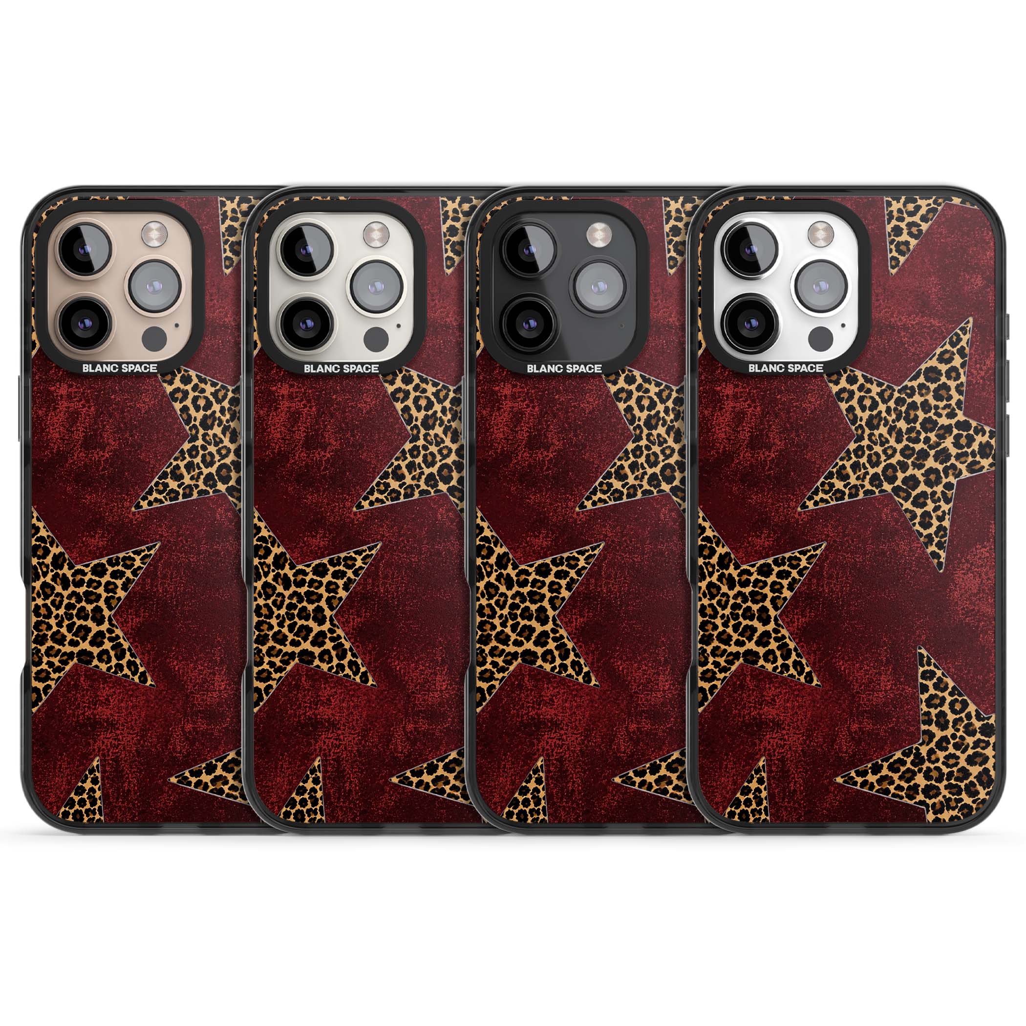 Showgirl leopard print iPhone case featuring cheetah print stars on distressed red grunge background | Black Impact case for iPhone 16 Pro, iPhone 16 Pro Max