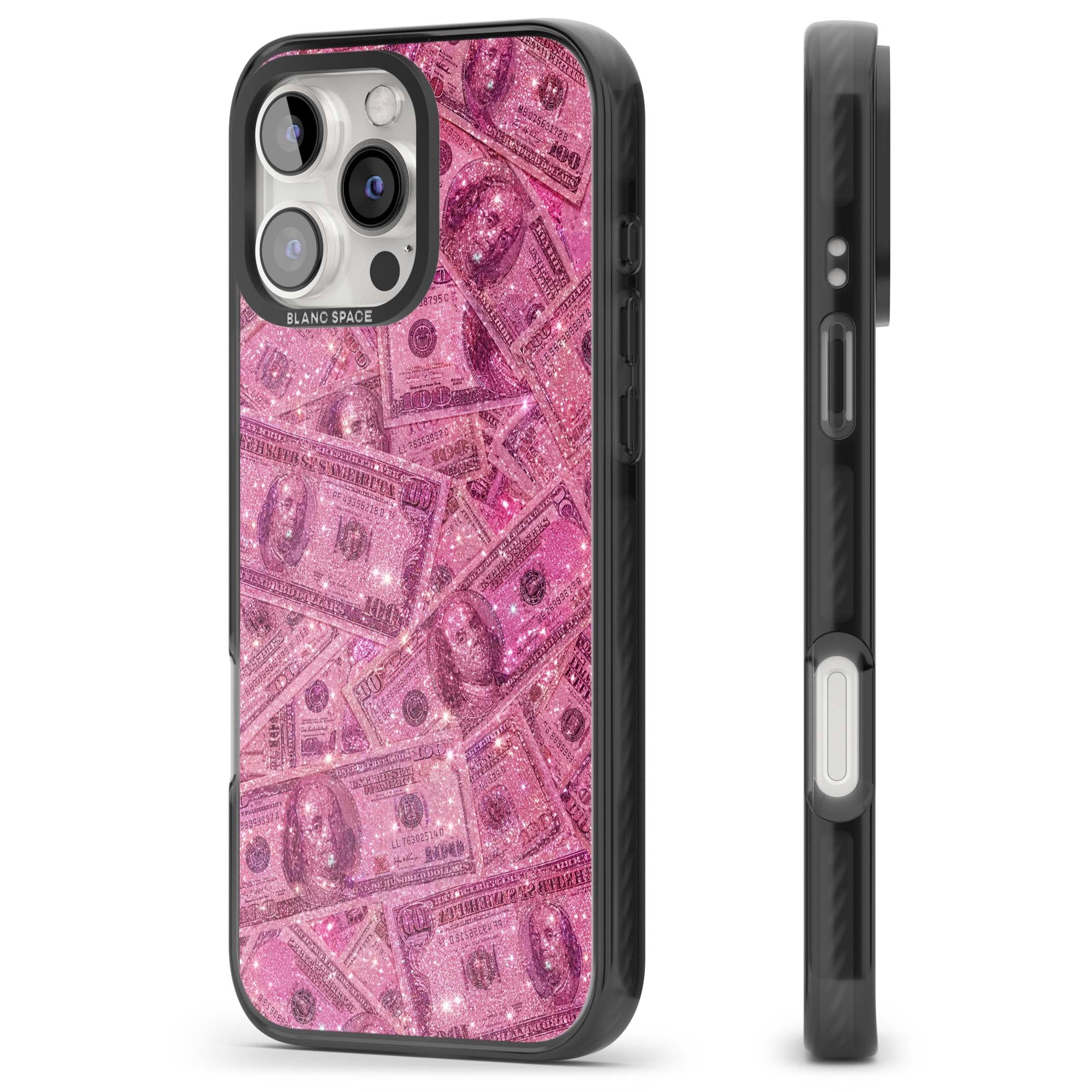 Glamorous baddie iPhone case featuring pink glitter hundred dollar bills and sparkling money wallpaper design | Black Impact case for iPhone 16 Pro, iPhone 16 Pro Max