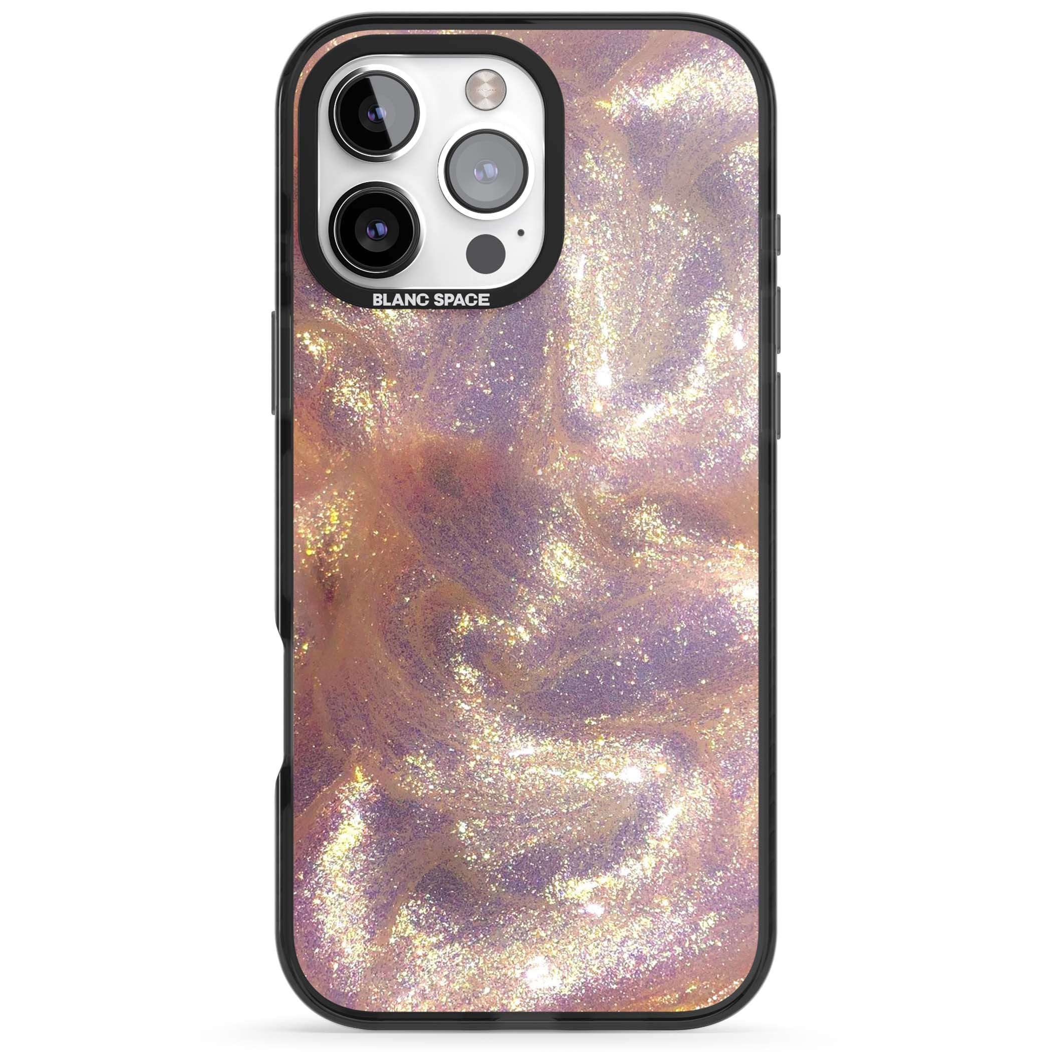 Shimmer marble iPhone case featuring rose gold glitter swirls, lilac shimmer and iridescent pearl finish | Black Impact case for iPhone 16 Pro, iPhone 16 Pro Max