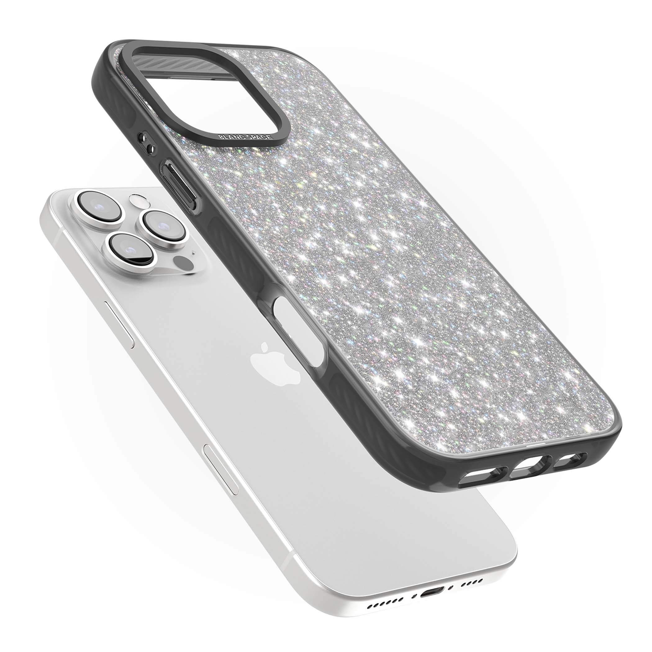 Diamond glam iPhone case featuring silver glitter sparkle and shimmering diamond dust effect | Black Impact case for iPhone 16 Pro, iPhone 16 Pro Max