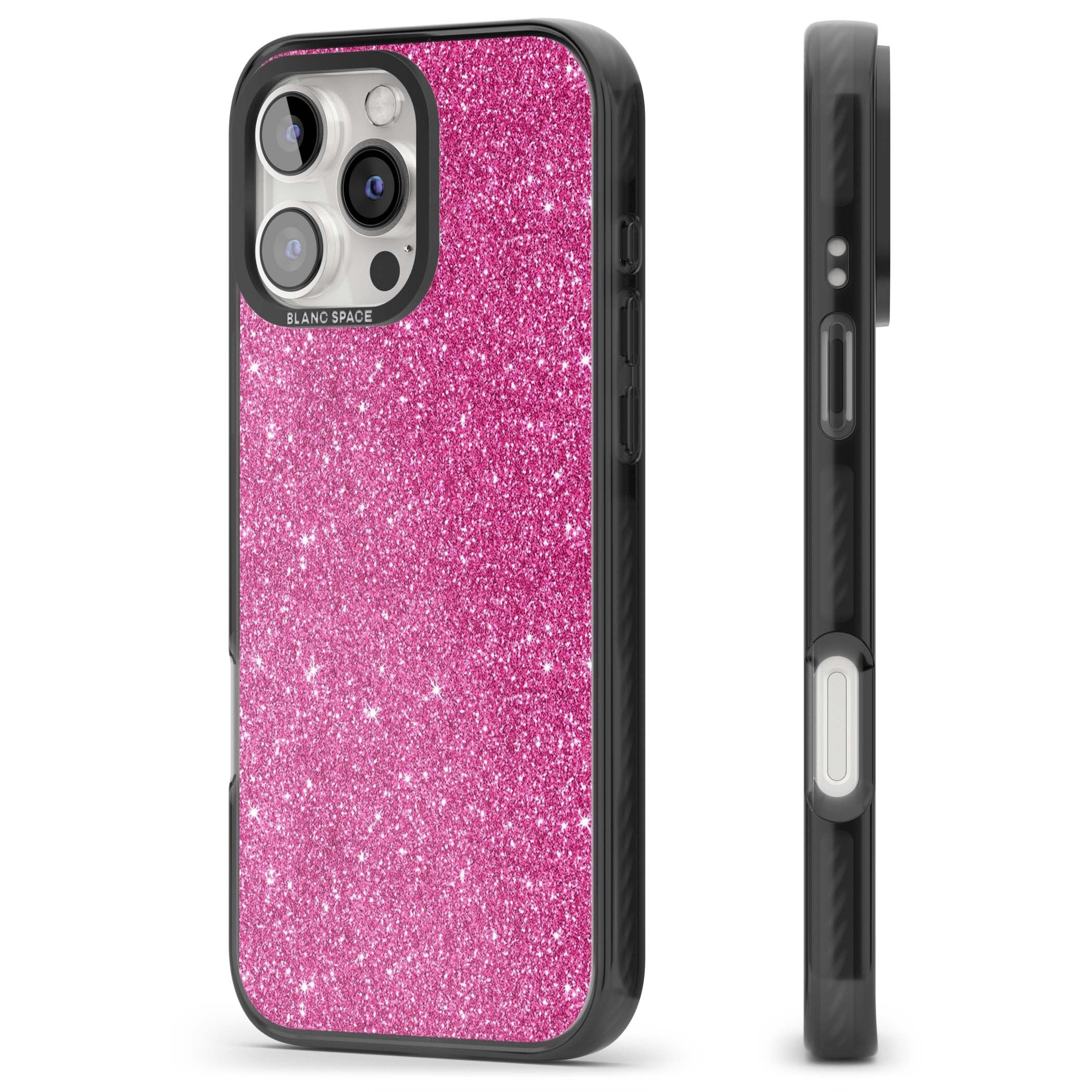Pink Glitter Y2K iPhone case featuring hot pink glitter wallpaper with sparkle shimmer effect | Black Impact case for iPhone 16 Pro, iPhone 16 Pro Max