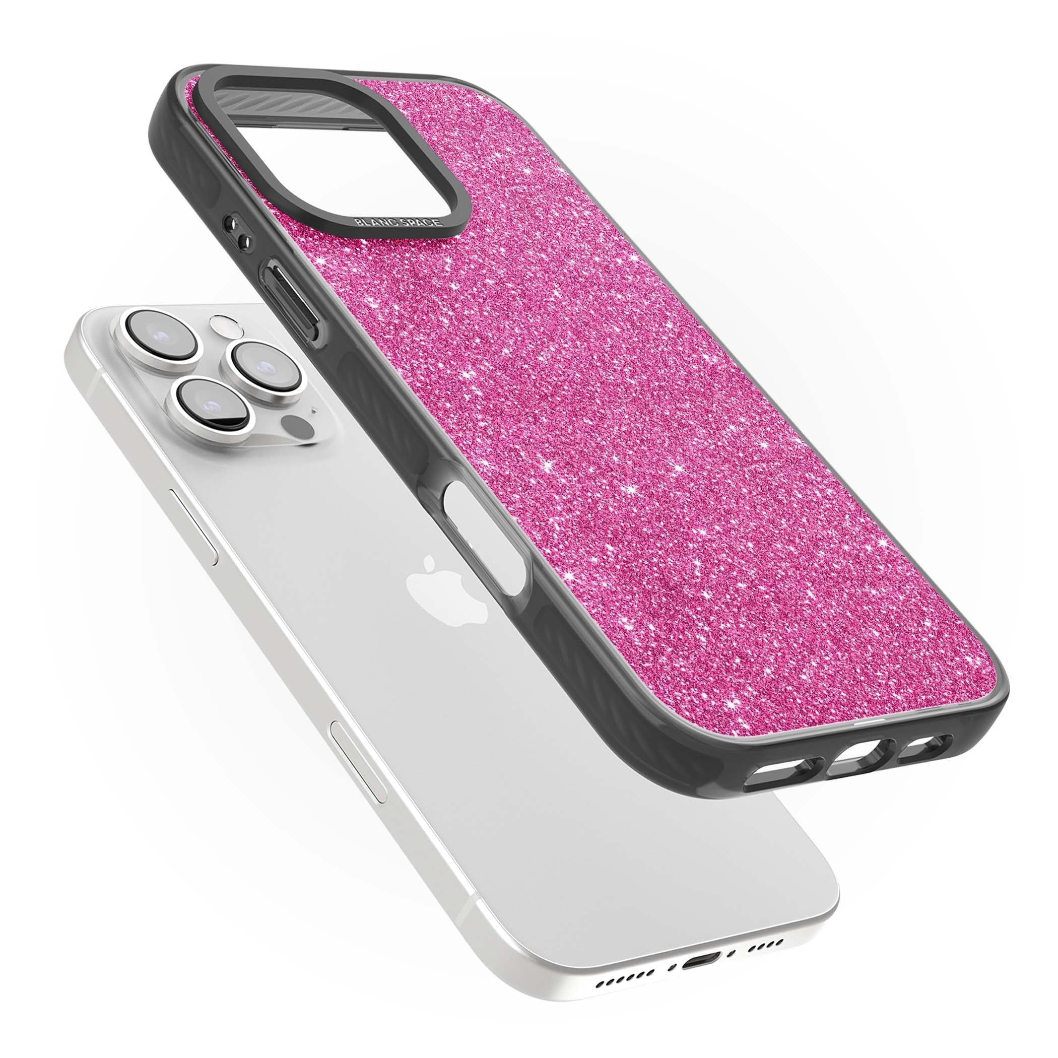 Pink Glitter Y2K iPhone case featuring hot pink glitter wallpaper with sparkle shimmer effect | Black Impact case for iPhone 16 Pro, iPhone 16 Pro Max