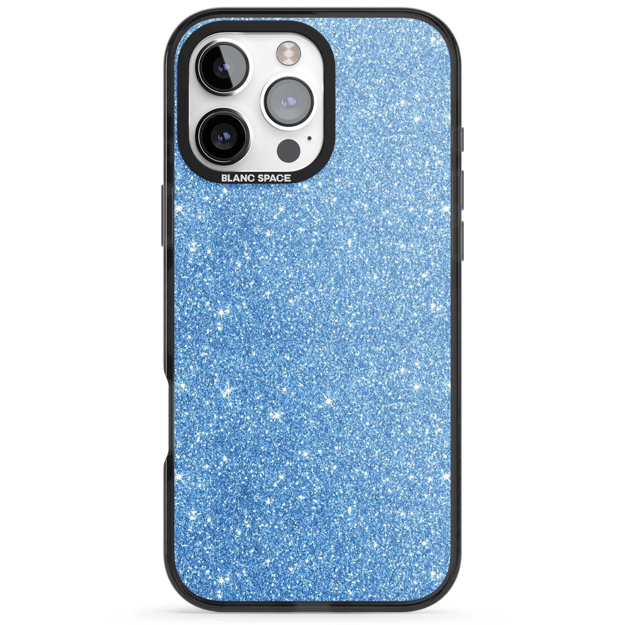 Blue Glitter blue glitter iPhone case featuring dense sparkling cerulean glitter with a glamorous shimmering finish | Black Impact case for iPhone 16 Pro, iPhone 16 Pro Max