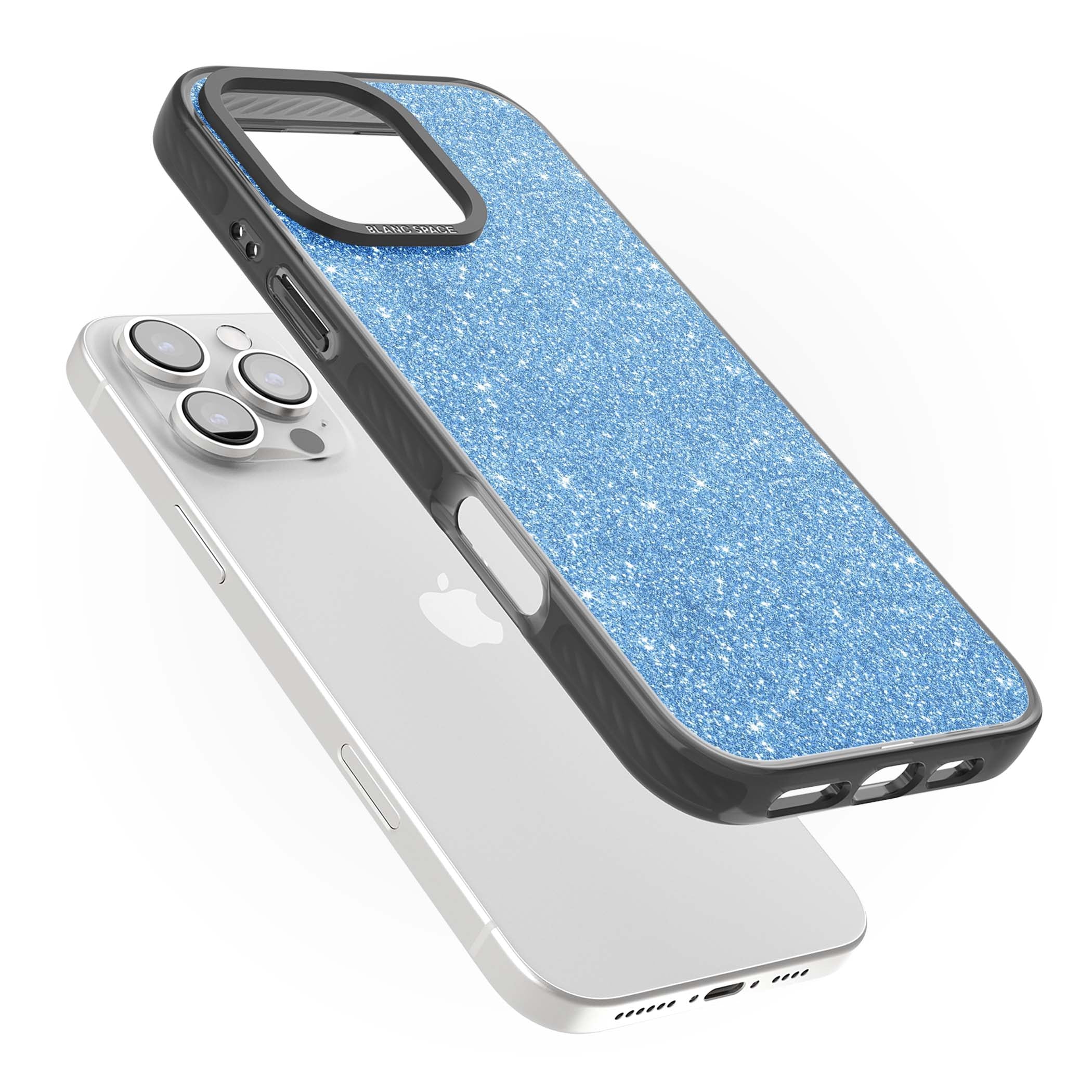 Blue Glitter blue glitter iPhone case featuring dense sparkling cerulean glitter with a glamorous shimmering finish | Black Impact case for iPhone 16 Pro, iPhone 16 Pro Max