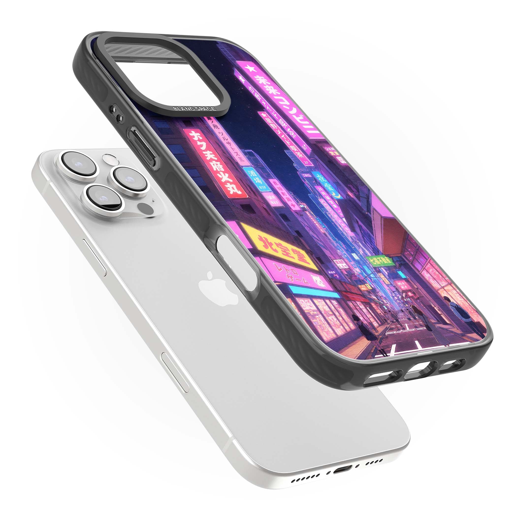 Shibuya At Night Japanese neon city iPhone case featuring glowing kanji signs, pink storefronts and a Tokyo street at n | Black Impact case for iPhone 16 Pro, iPhone 16 Pro Max