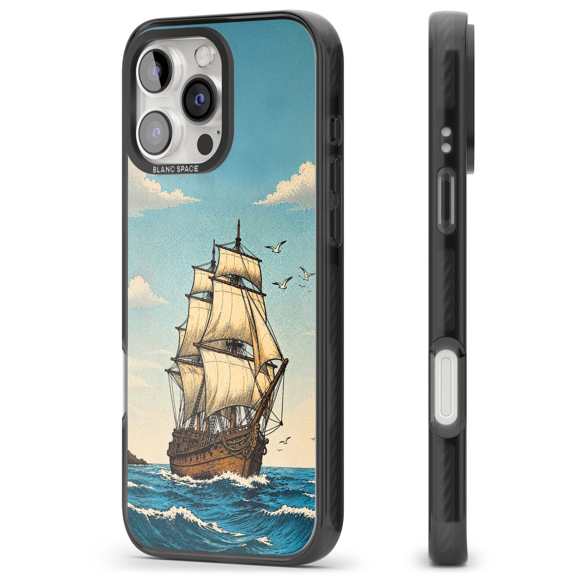Ship at Sea nautical iPhone case featuring a vintage tall ship, ocean waves and seagulls | Black Impact case for iPhone 16 Pro, iPhone 16 Pro Max