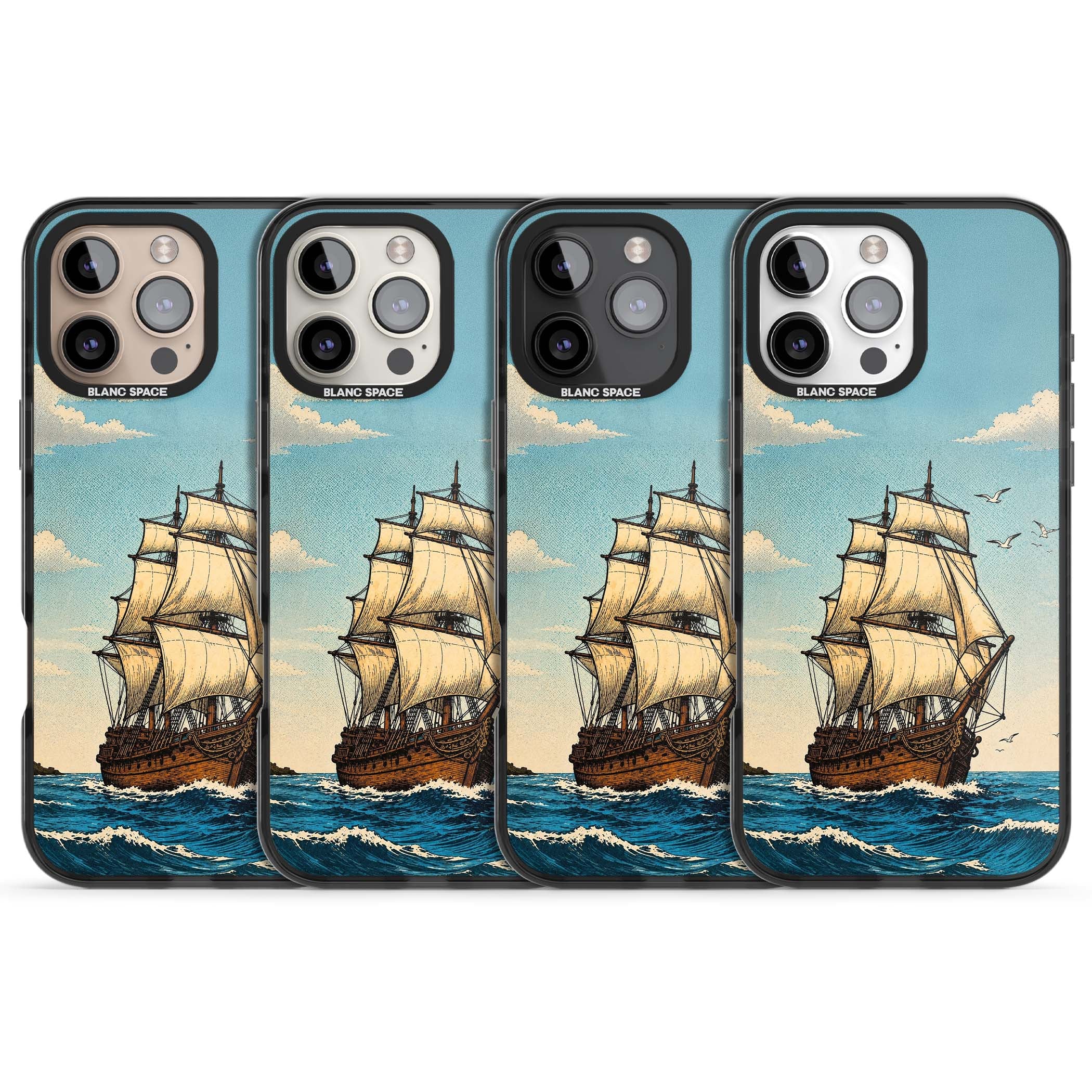 Ship at Sea nautical iPhone case featuring a vintage tall ship, ocean waves and seagulls | Black Impact case for iPhone 16 Pro, iPhone 16 Pro Max