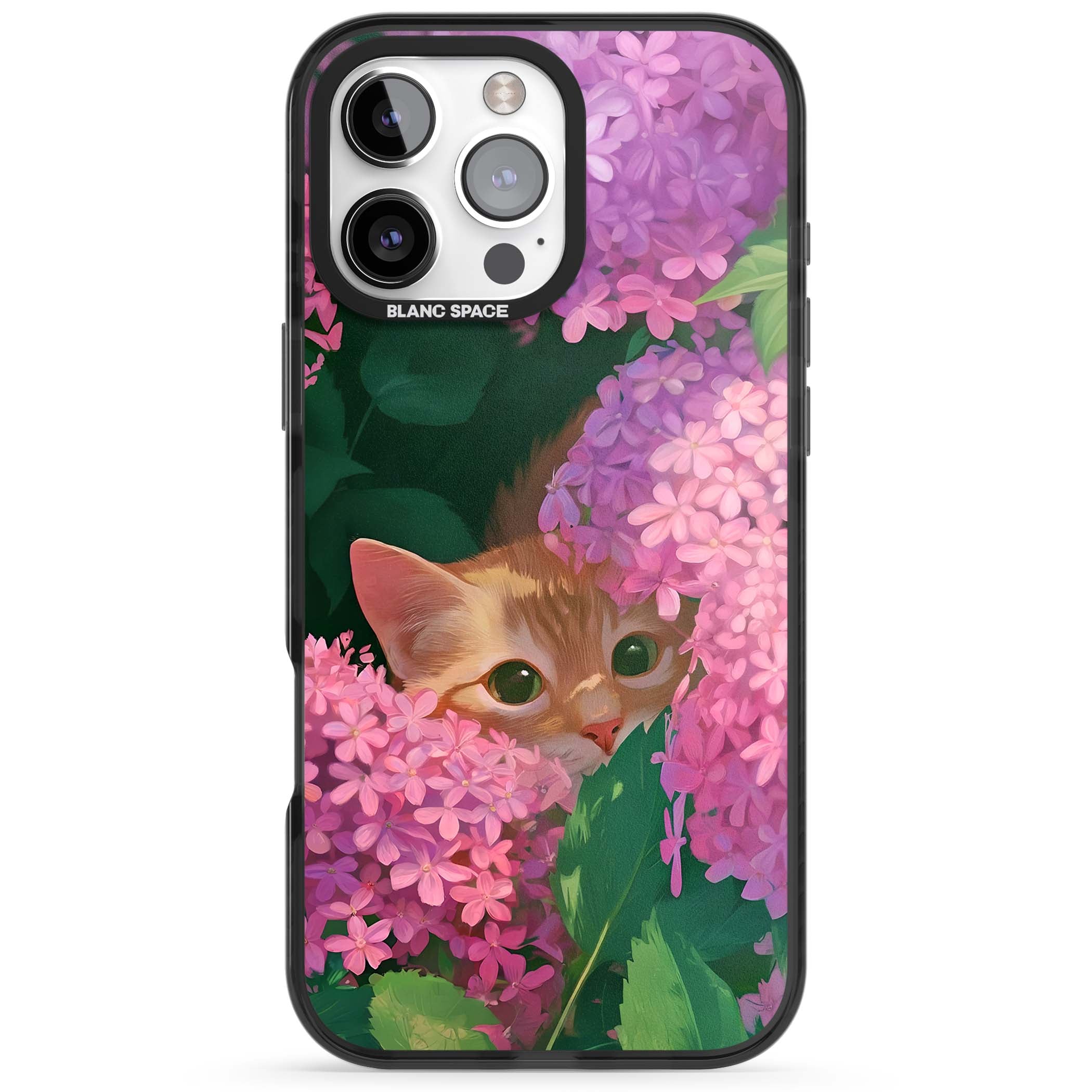 Cat In Pink Flowers cottagecore iPhone case featuring a ginger kitten peeking through lilac and pink hydrangea flo | Black Impact case for iPhone 16 Pro, iPhone 16 Pro Max