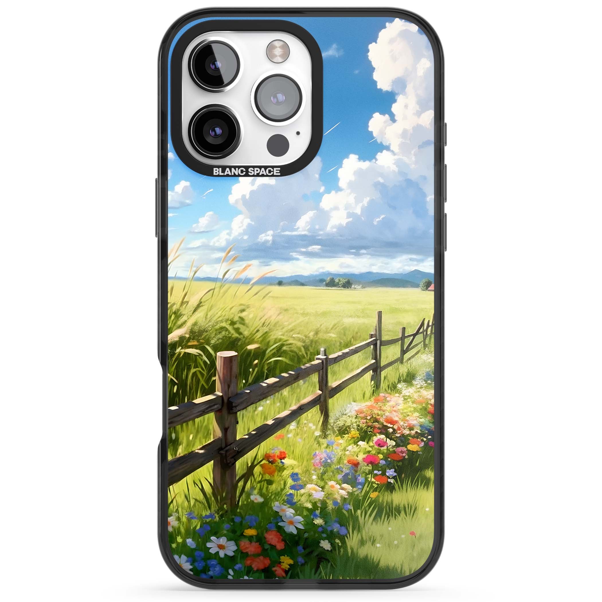 A Countryside Afternoon cottagecore iPhone case featuring a painted countryside meadow, wooden fence, and wildflowers beneath | Black Impact case for iPhone 16 Pro, iPhone 16 Pro Max