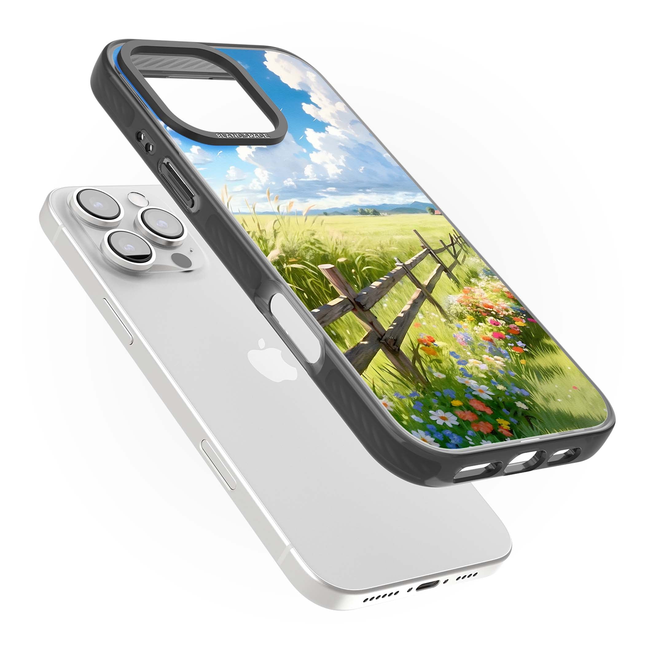 A Countryside Afternoon cottagecore iPhone case featuring a painted countryside meadow, wooden fence, and wildflowers beneath | Black Impact case for iPhone 16 Pro, iPhone 16 Pro Max