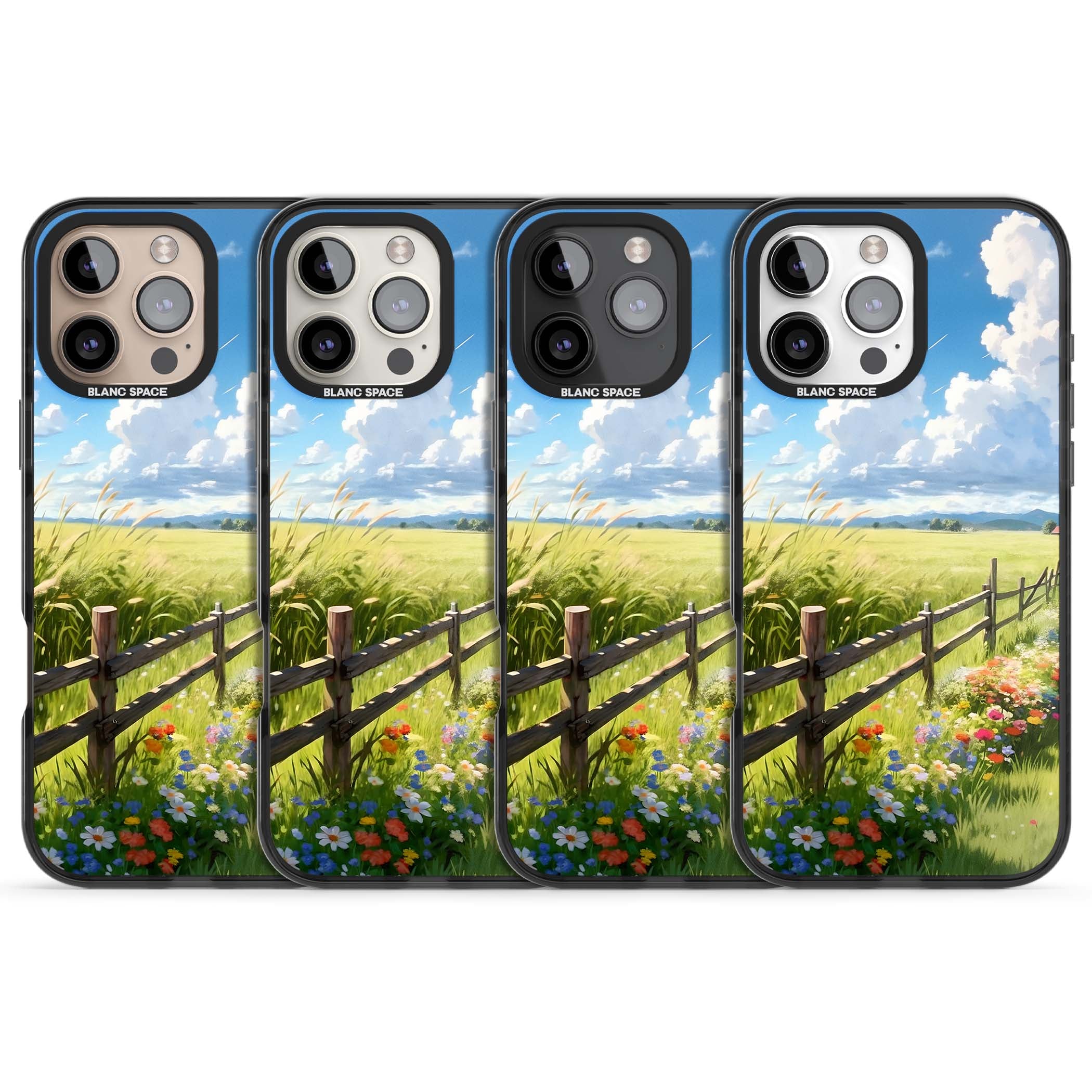 A Countryside Afternoon cottagecore iPhone case featuring a painted countryside meadow, wooden fence, and wildflowers beneath | Black Impact case for iPhone 16 Pro, iPhone 16 Pro Max