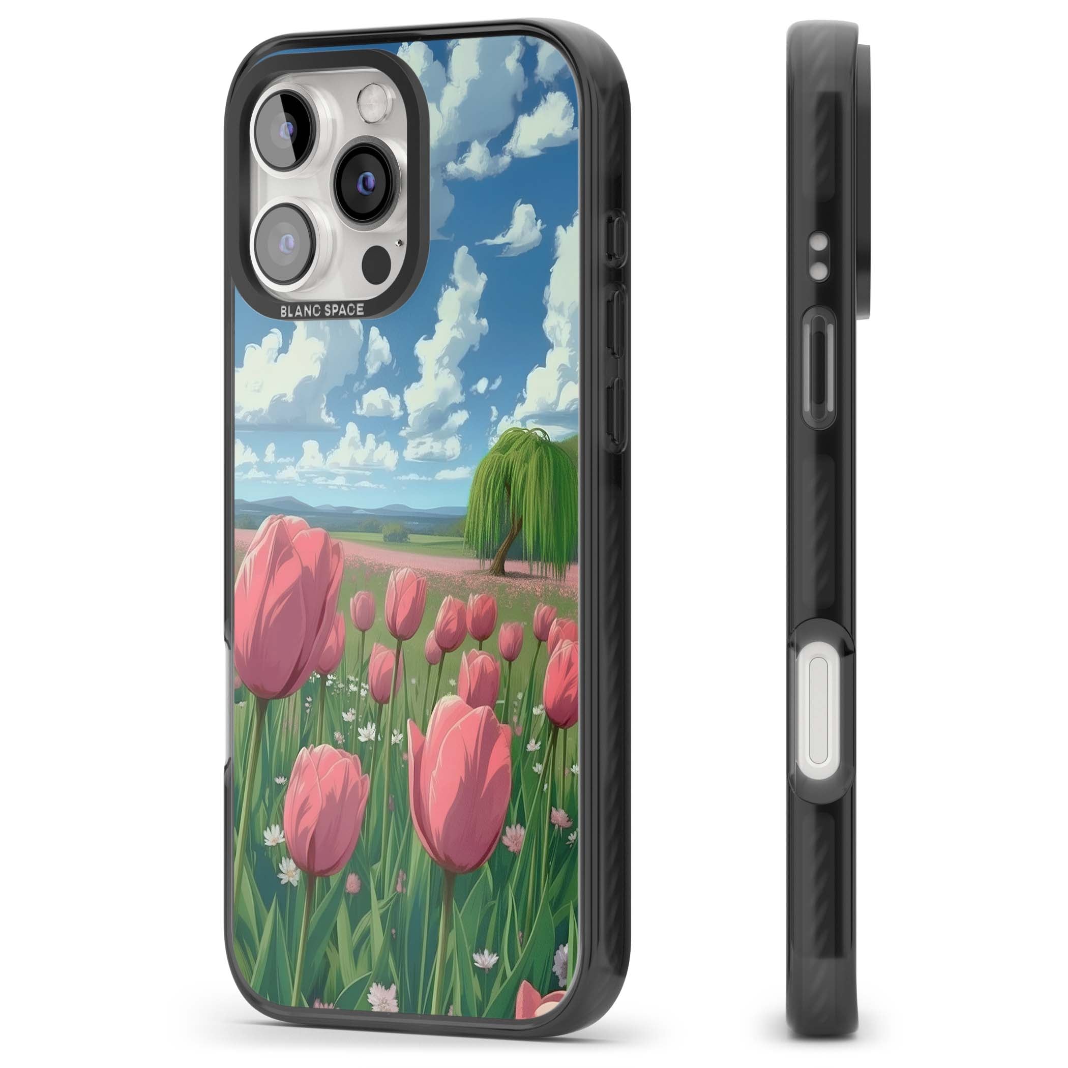 Willow By The Pink Tulips floral iPhone case | Black Impact case for iPhone 16 Pro, iPhone 16 Pro Max