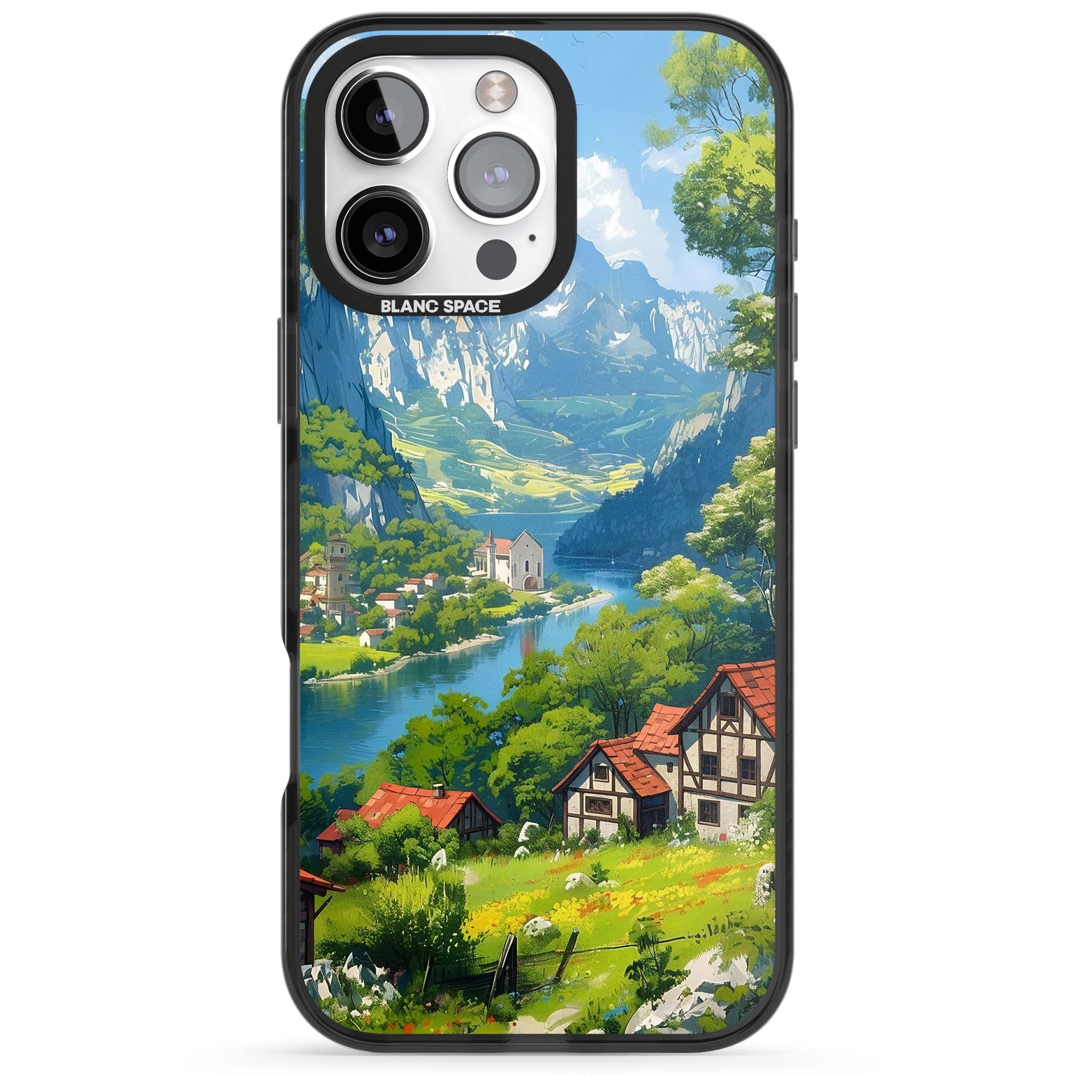 Village In The Valley anime iPhone case featuring a painted mountain village, river valley and half-timbered cottages. | Black Impact case for iPhone 16 Pro, iPhone 16 Pro Max