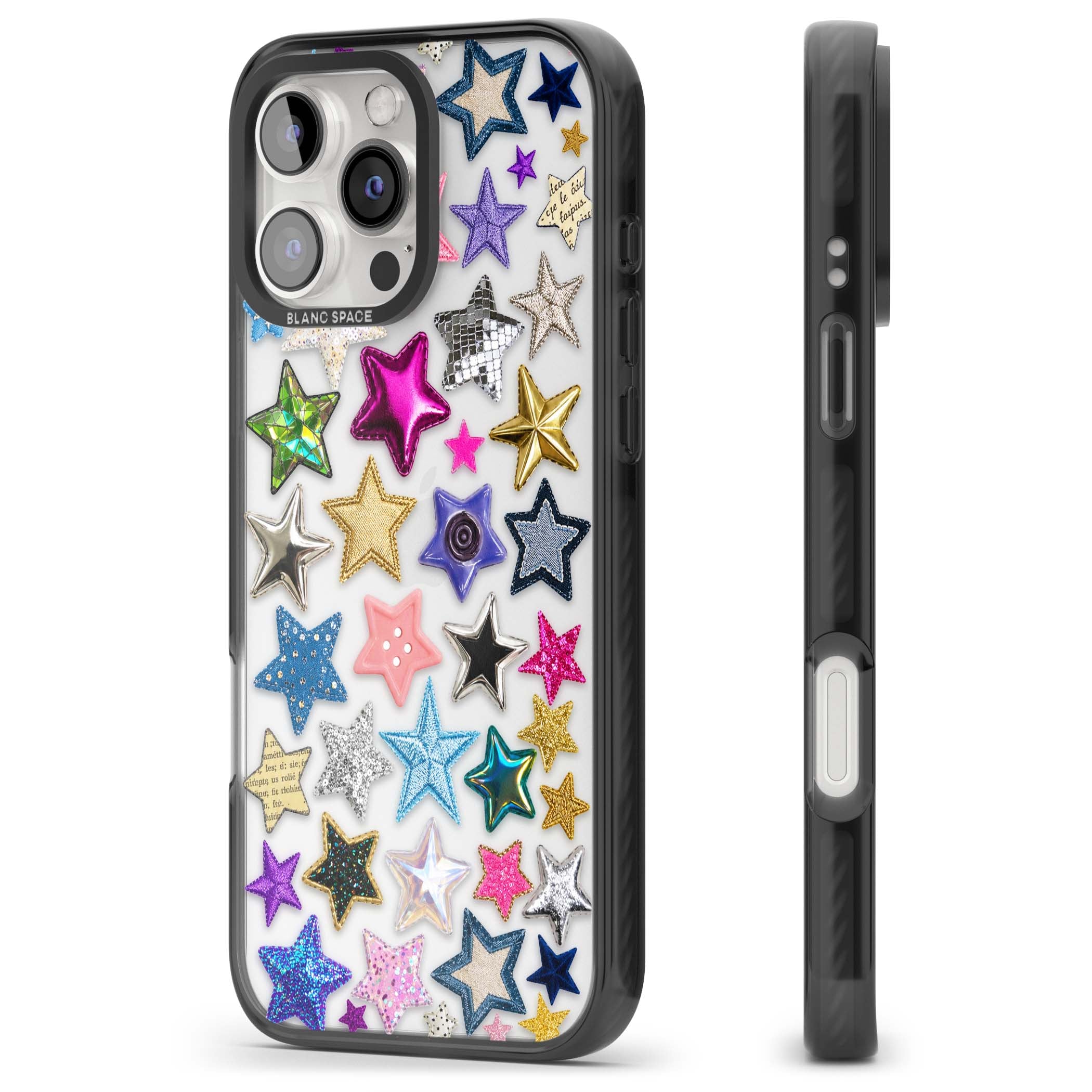 Crafty Star Mix Y2K iPhone case featuring embroidered, sequinned and glitter star patches in rainbow colours | Black Impact case for iPhone 16 Pro, iPhone 16 Pro Max