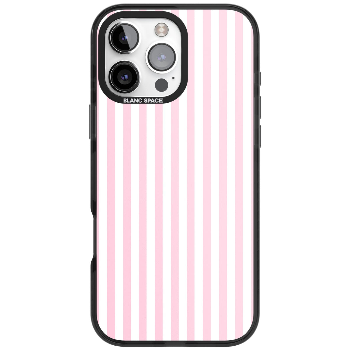 Pink Stripe preppy iPhone case featuring soft pastel pink and white vertical candy stripes iPhone 16 Pro Max Impact Black Phone Case front