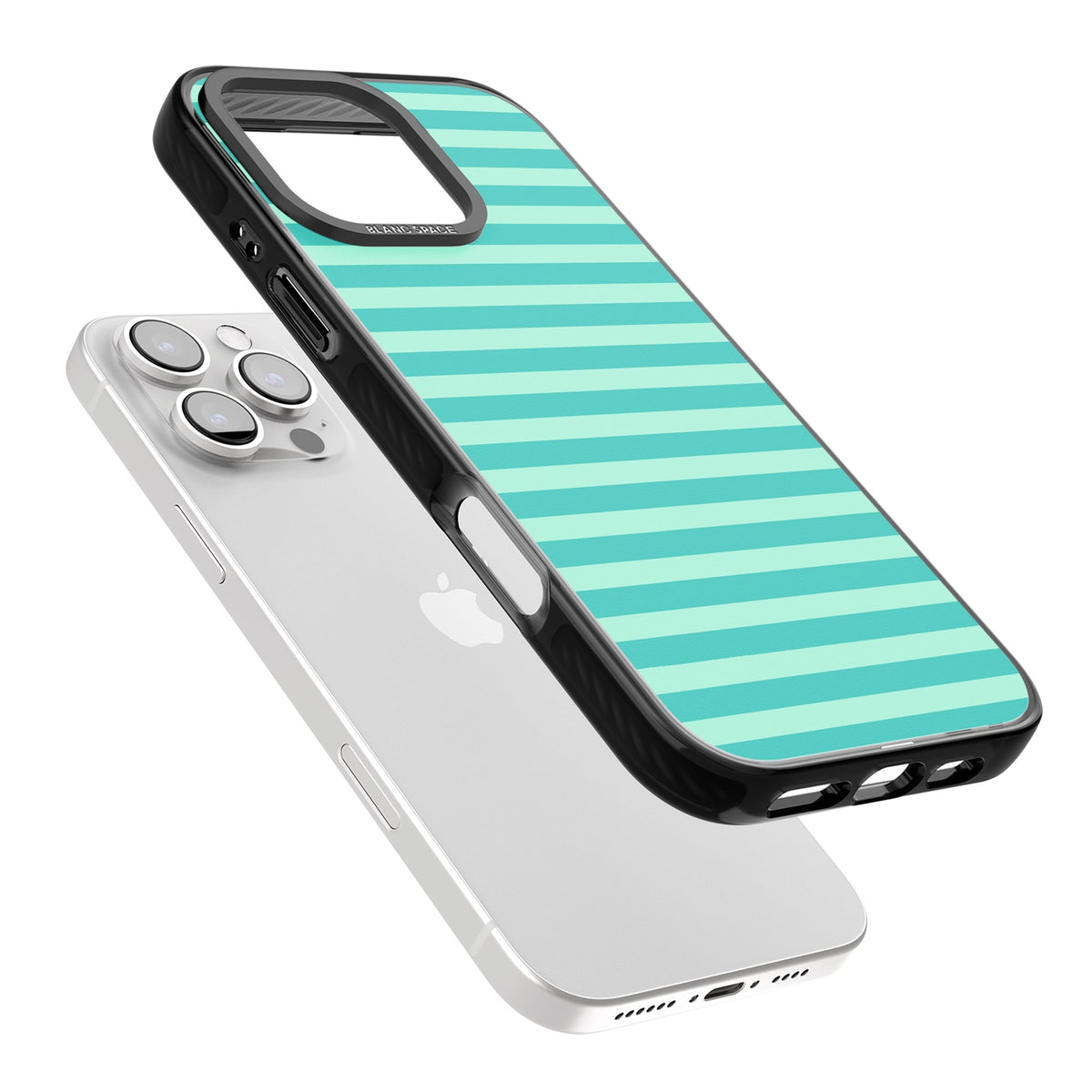 Turquoise Stripe preppy iPhone case featuring horizontal teal and mint green stripes on a black protective frame iPhone 16 Pro / iPhone 16 Pro Max Impact Black Phone Case angled