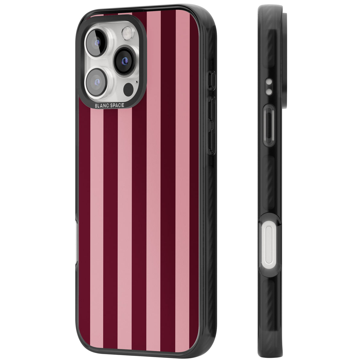 Bordeaux Belle preppy iPhone case featuring bold vertical stripes in burgundy and soft blush pink iPhone 16 Pro / iPhone 16 Pro Max Impact Black Phone Case side