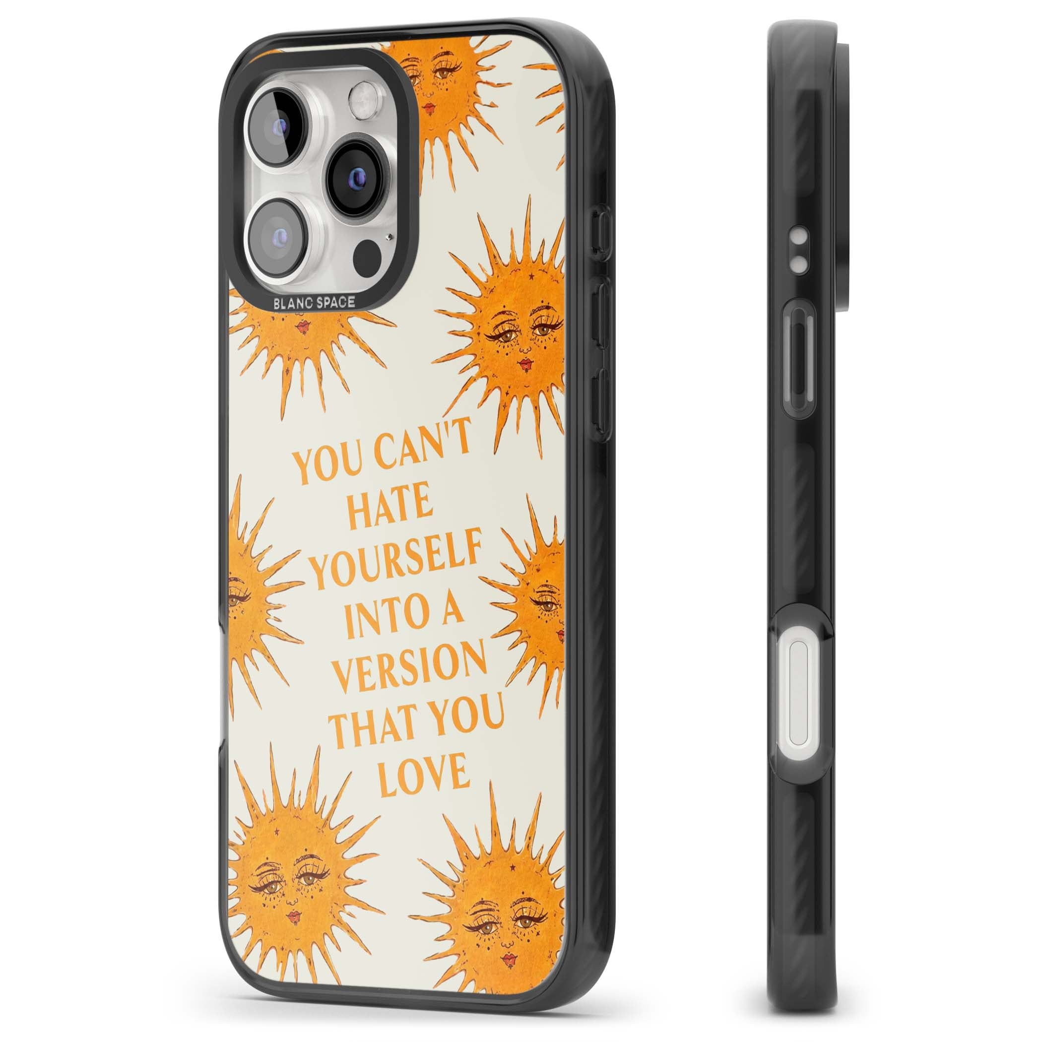 Don't Hate Yourself celestial iPhone case featuring vintage sun faces, ochre rays and a self-love quote | Black Impact case for iPhone 16 Pro, iPhone 16 Pro Max