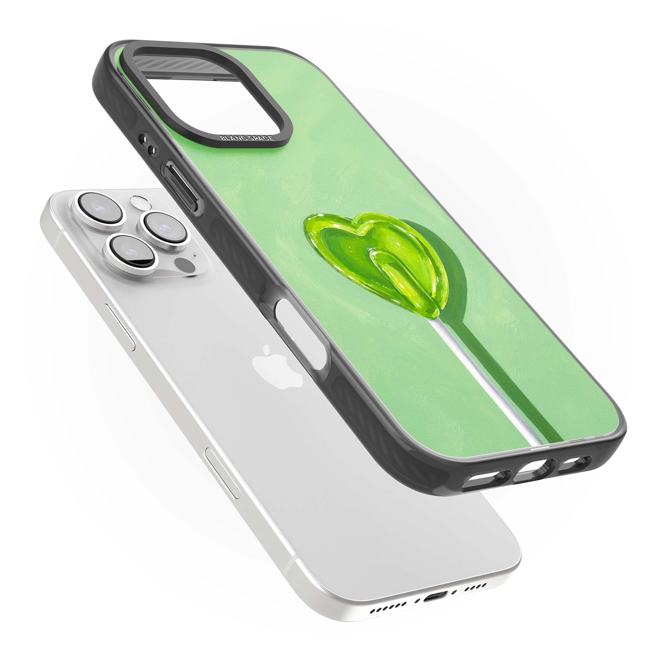 Green Lollipop candy art iPhone case featuring a glossy green heart-shaped lollipop on a painted pastel green background | Black Impact case for iPhone 16 Pro, iPhone 16 Pro Max