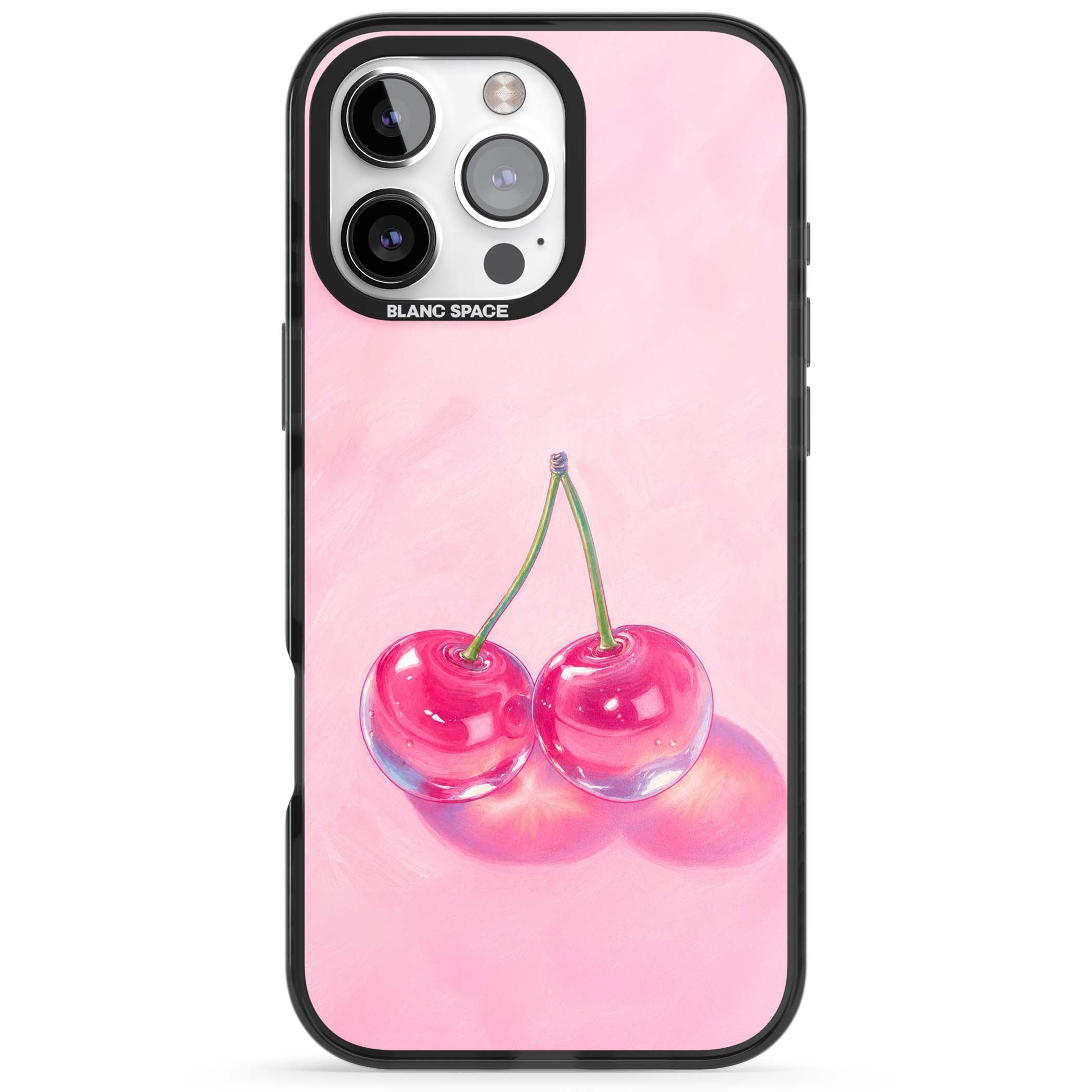 Pink Glass Cherry coquette iPhone case featuring two glossy painted cherries on a soft pink background | Black Impact case for iPhone 16 Pro, iPhone 16 Pro Max