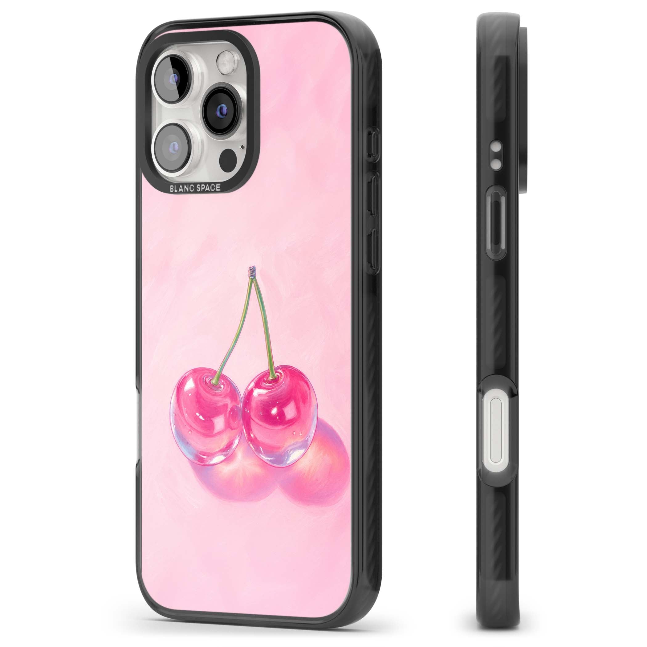 Pink Glass Cherry coquette iPhone case featuring two glossy painted cherries on a soft pink background | Black Impact case for iPhone 16 Pro, iPhone 16 Pro Max