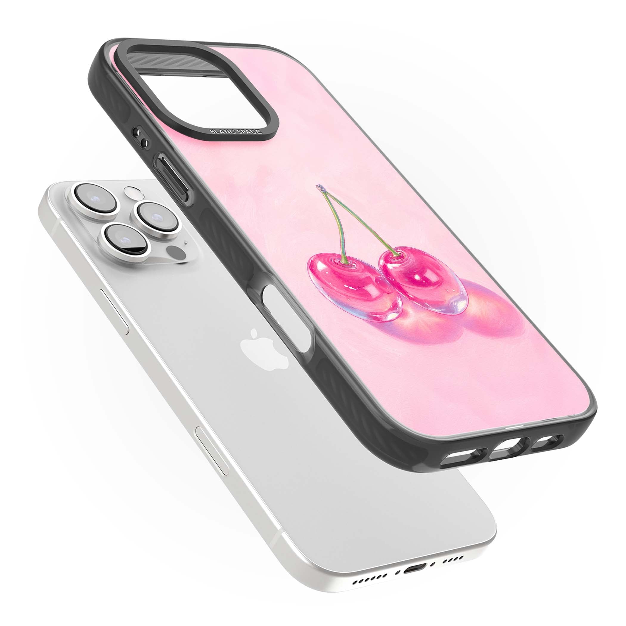 Pink Glass Cherry coquette iPhone case featuring two glossy painted cherries on a soft pink background | Black Impact case for iPhone 16 Pro, iPhone 16 Pro Max