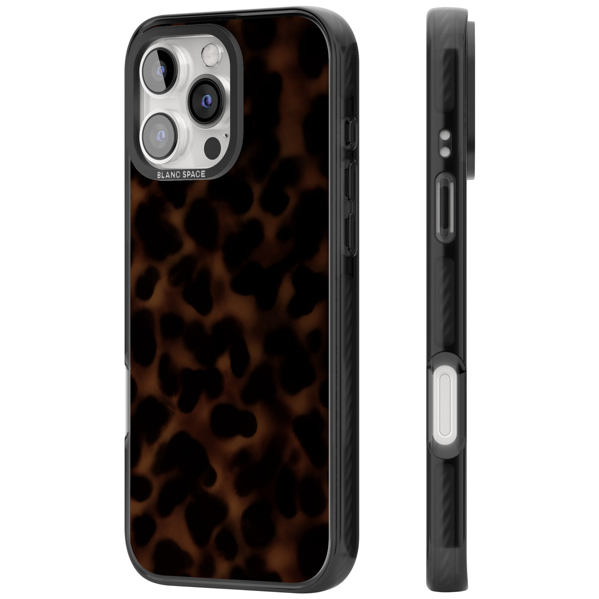 Dark Tortoise Shell old money iPhone case featuring a dark tortoiseshell pattern with amber and black animal print tones iPhone 16 Pro / iPhone 16 Pro Max Impact Black Phone Case side